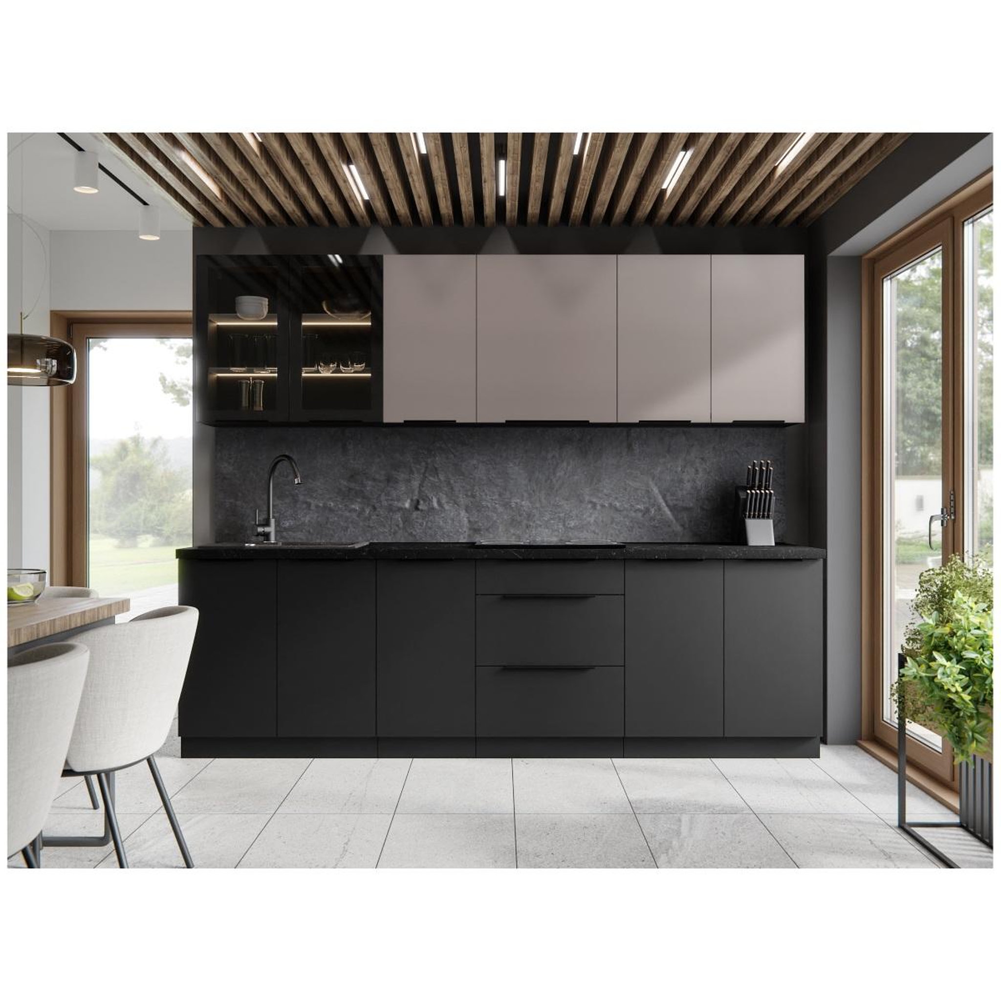 Voir la diapositive 3 : JLC KREATION Cuisine complète moderne noir et beige 260cm MAO