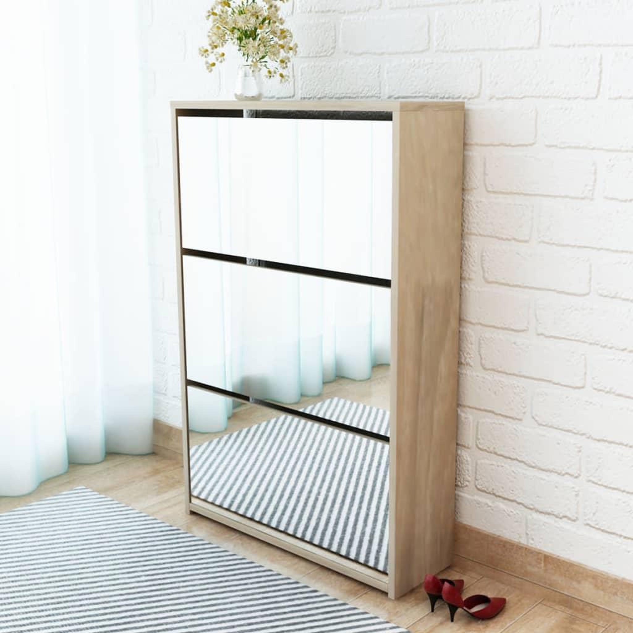 Voir la diapositive 1 : VIDAXL Meuble a chaussures 3 etageres Miroir 63x17x102,5 cm Chene