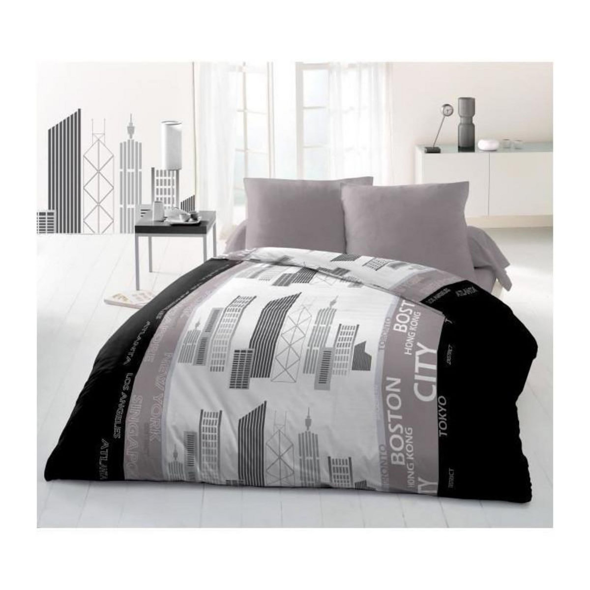 GENERIQUE Parure de couette Microfibre DISTRICT - 1 housse de couette 220x240 cm + 2 taies 63x63 cm - Gris et Noir