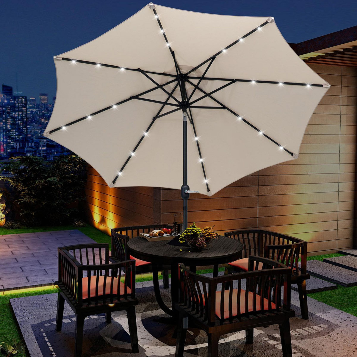 OUTSUNNY Parasol octogonal inclinable Ø 2,67 x 2,4 m lumineux solaire 24 LED polyester haute densité 180 g/m² crème