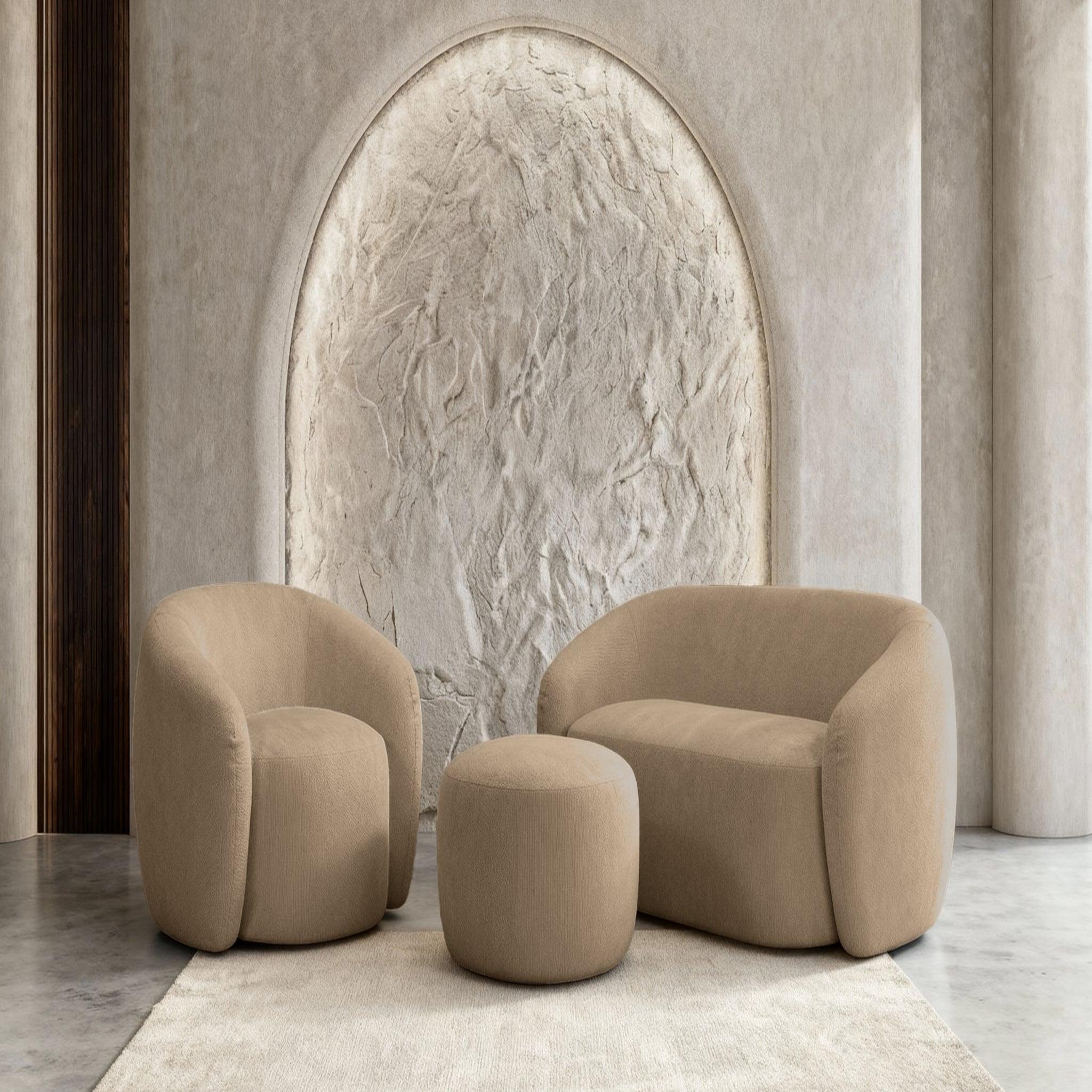 Voir la diapositive 2 : CASANOVA PARIS Aurelie - pack canapé droit 2 places + fauteuil + pouf tissu