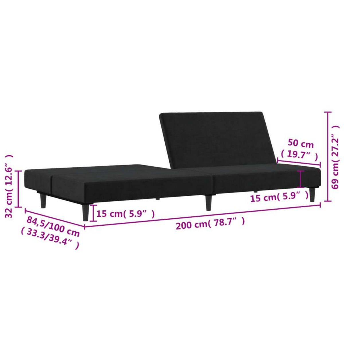 VIDAXL Canape-lit 2 places noir velours