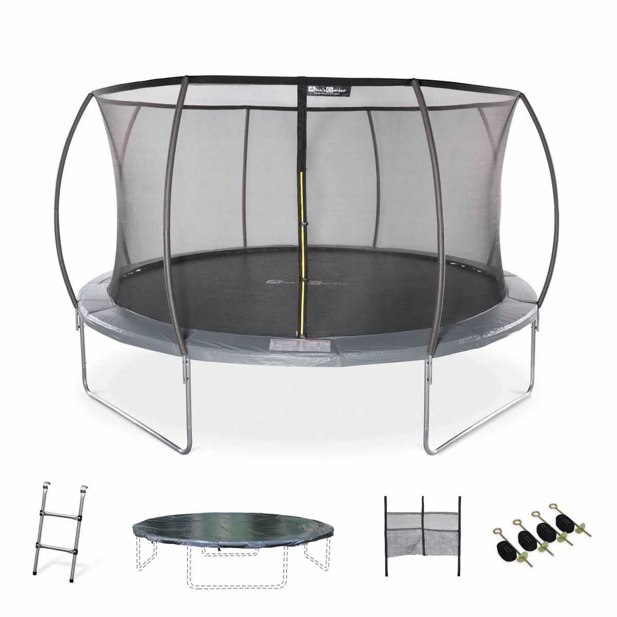 SWEEEK Trampoline rond Ø 430cm gris avec filet de protection intérieur - Venus Inner XXL –  échelle. bâche. filet pour chaussures et kit d'ancrage 4.30m 430 cm