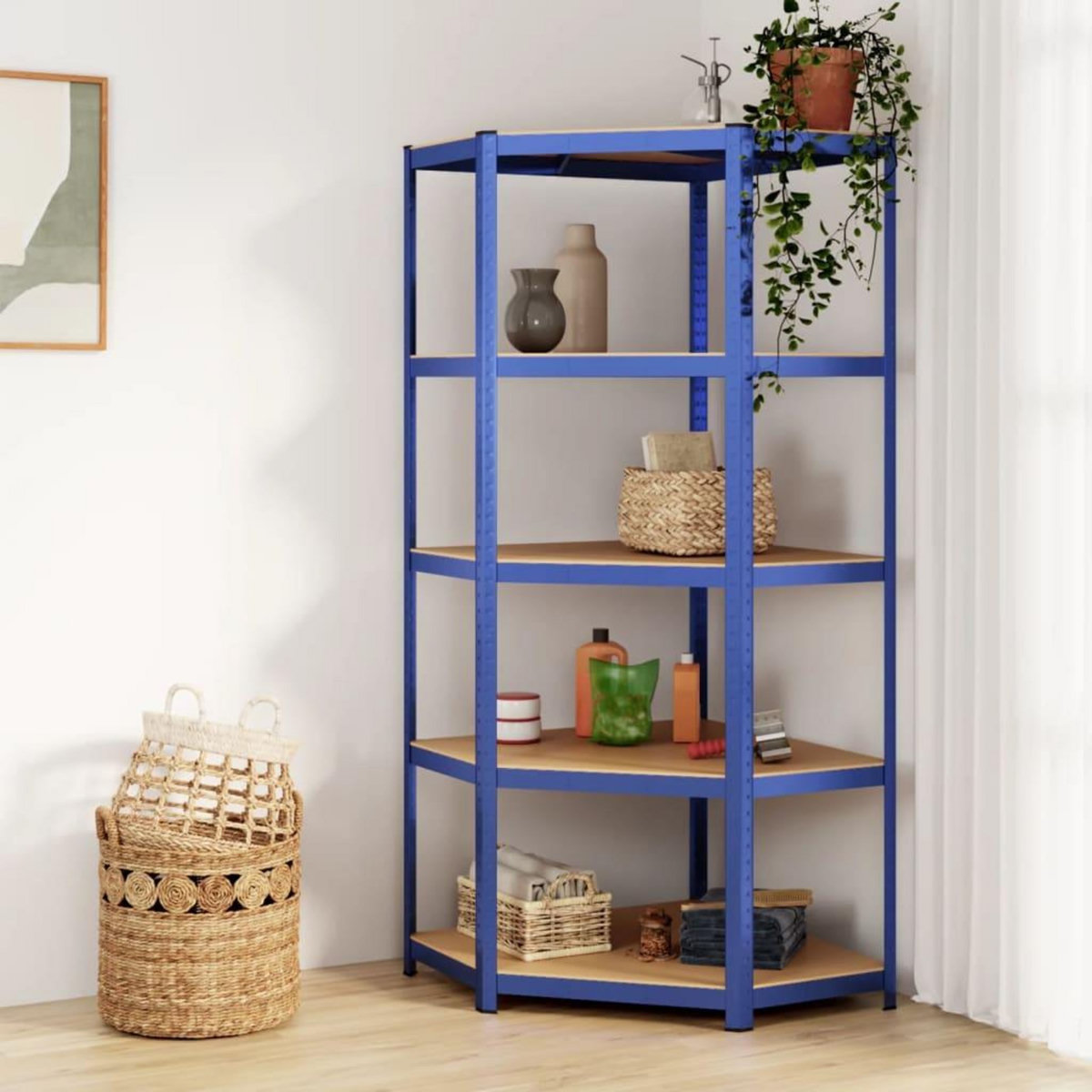 VIDAXL Etagere d'angle a 5 niveaux Bleu Acier et bois d'ingenierie