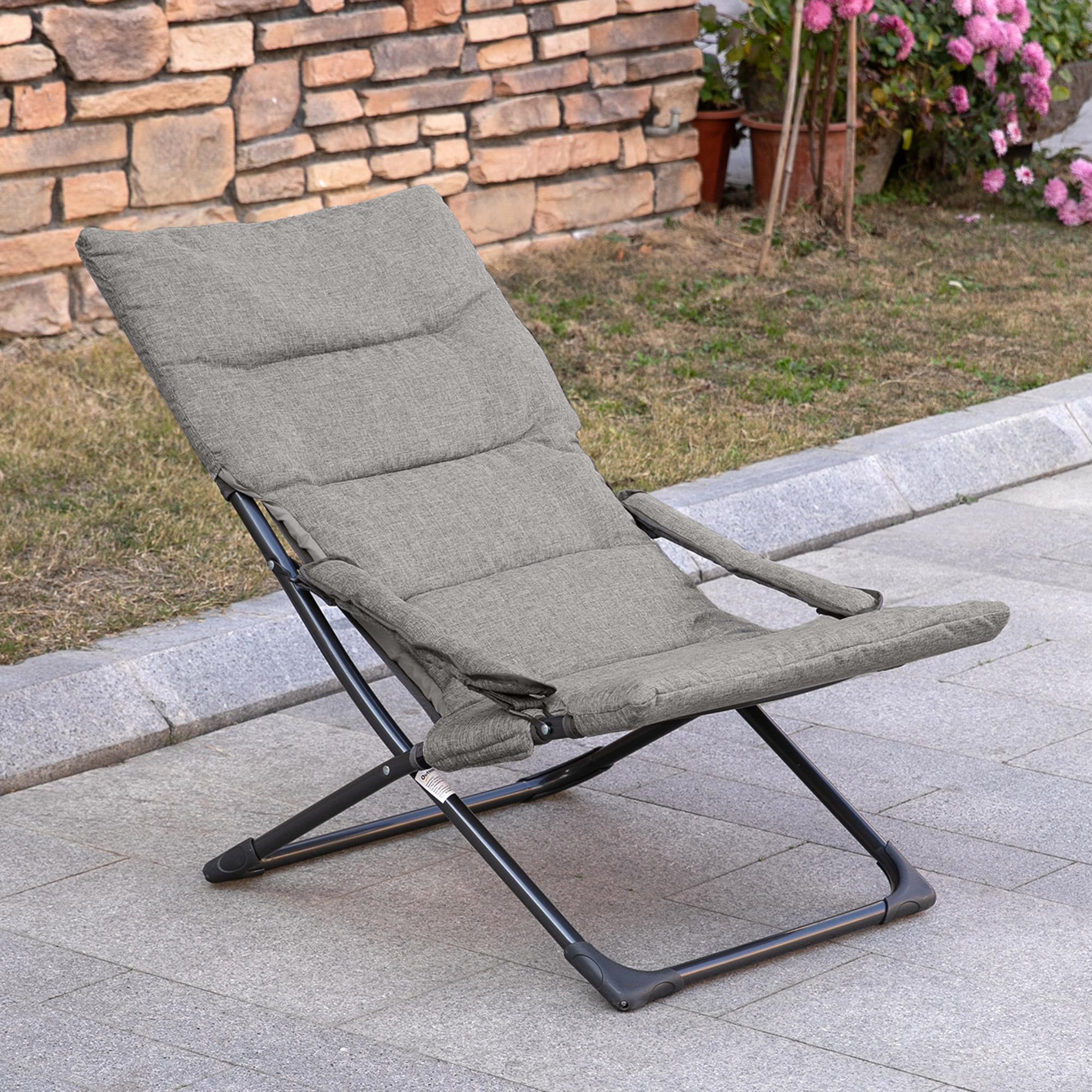 Voir la diapositive 4 : OUTSUNNY Chaise de jardin camping pliable - épais coussin amovible inclus - accoudoirs rembourrés - acier noir tissu gris