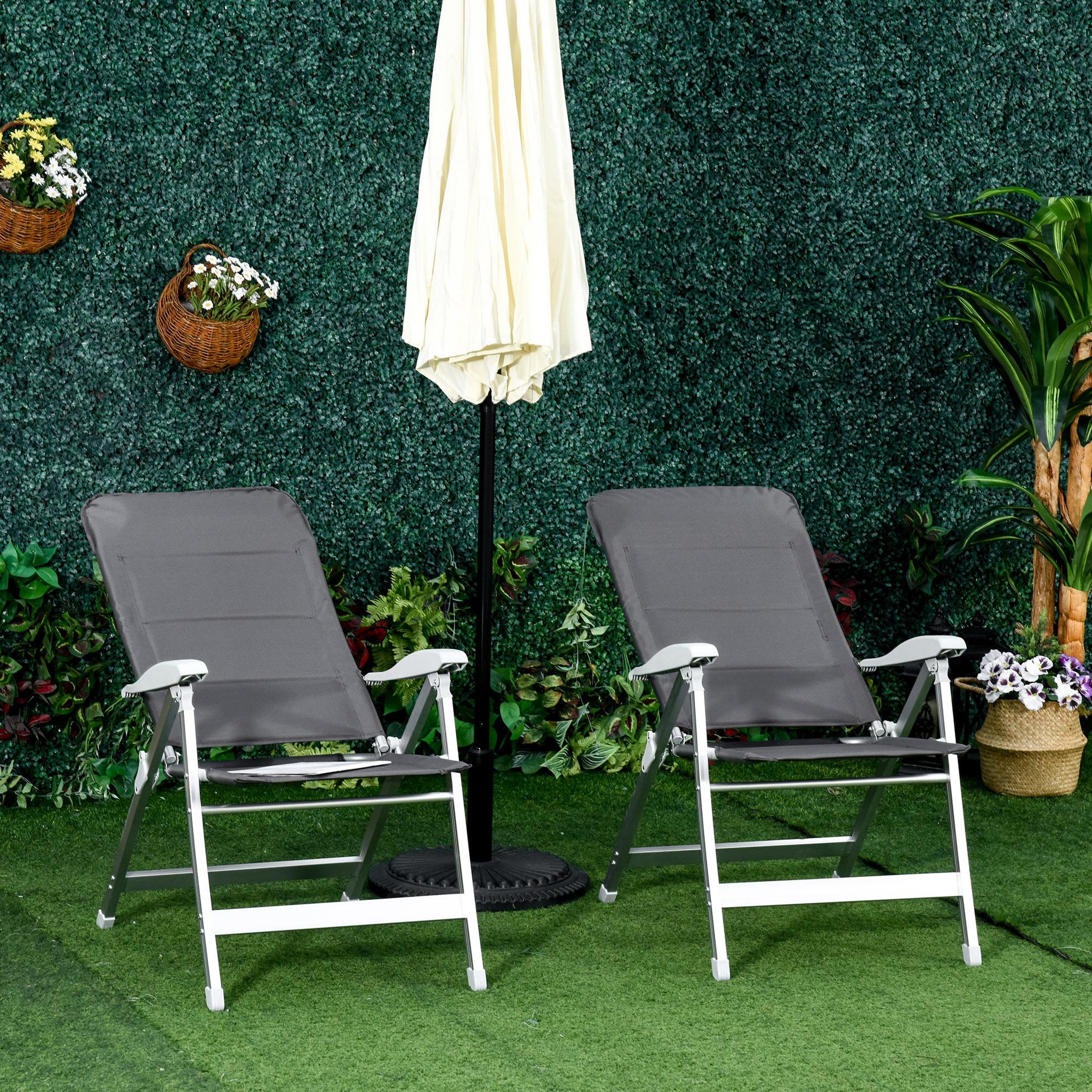 Voir la diapositive 2 : OUTSUNNY Lot de 2 chaises de jardin pliantes dossier haut inclinable multipositions accoudoirs tétière alu. oxford déperlant gris