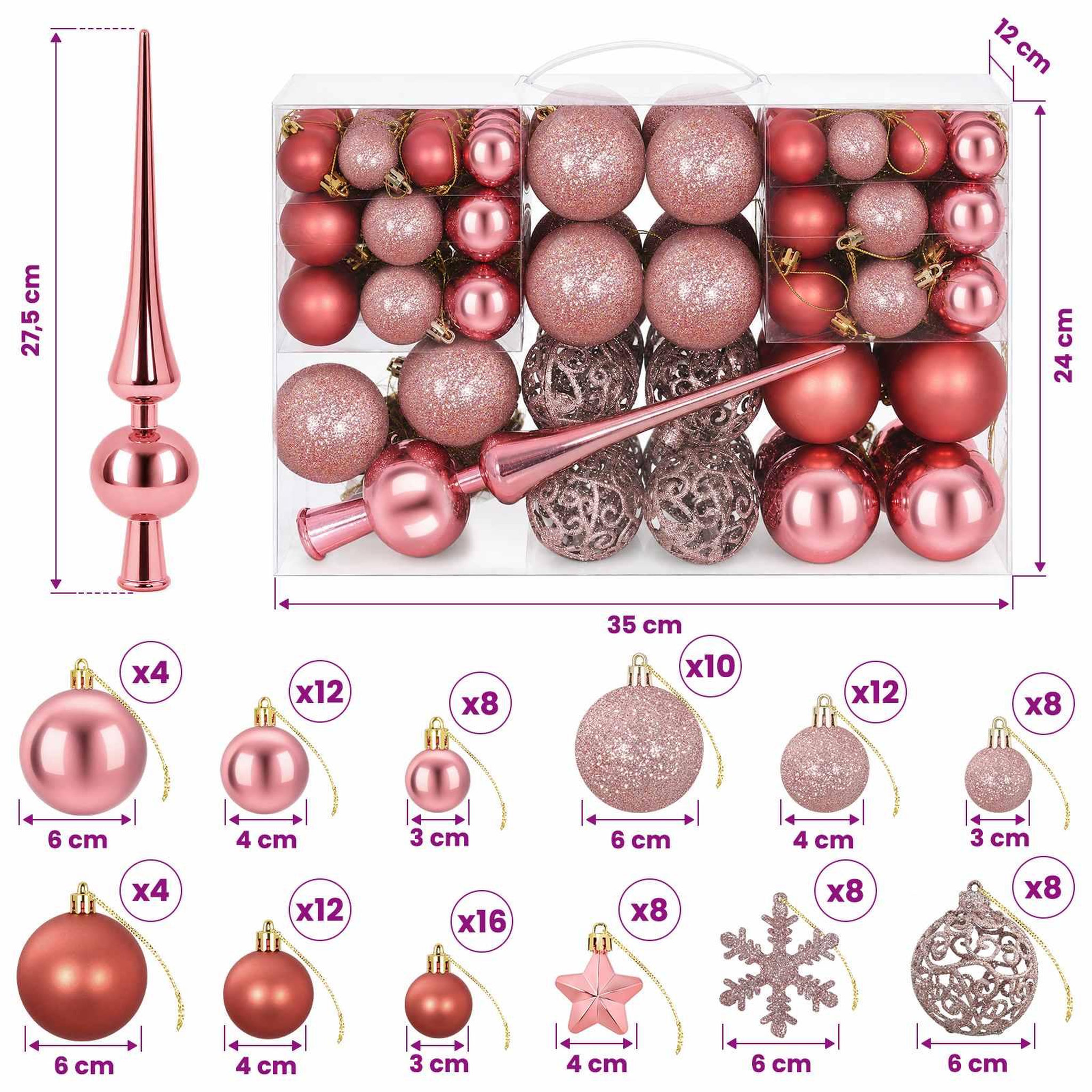 Voir la diapositive 3 : VIDAXL Ensemble de boules de Noël 111 pc Rose et rose clair Diam. 6 cm