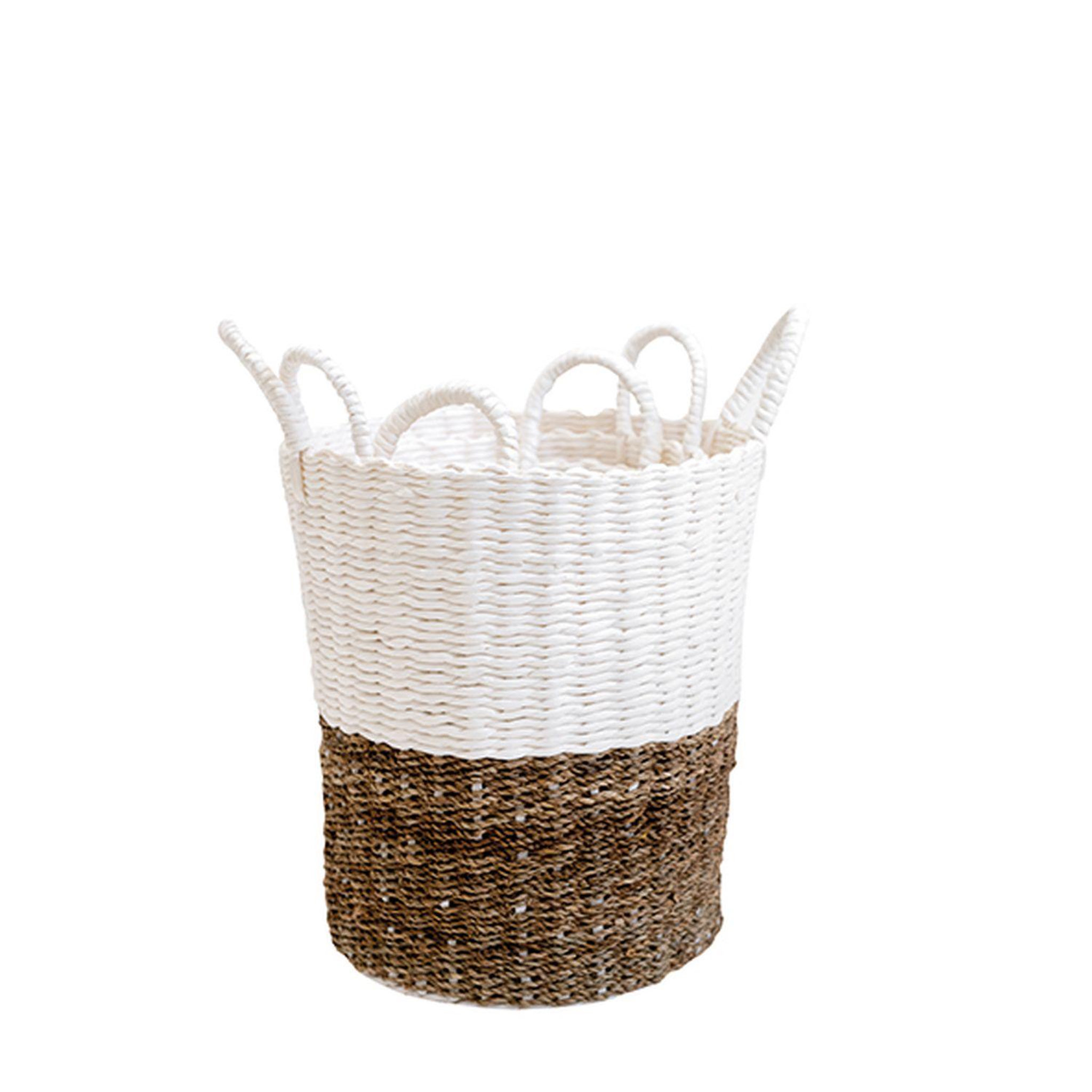 Voir la diapositive 4 : KB8 Lot de 3 paniers bicolores en jonc et papier tressés - beige et blanc