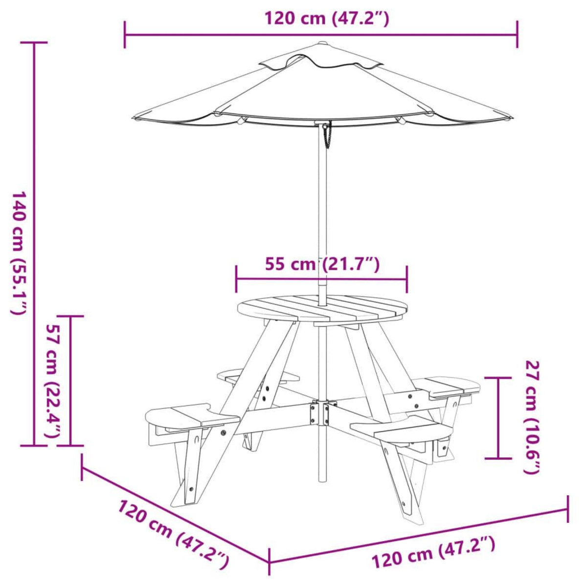 VIDAXL Table de pique-nique pour 4 enfants avec parasol rond sapin