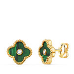 L'ATELIER D'AZUR Boucles d'Oreilles Or 18 Carats 750 Jaune Motif Trèfle - Malachite et Zirconium