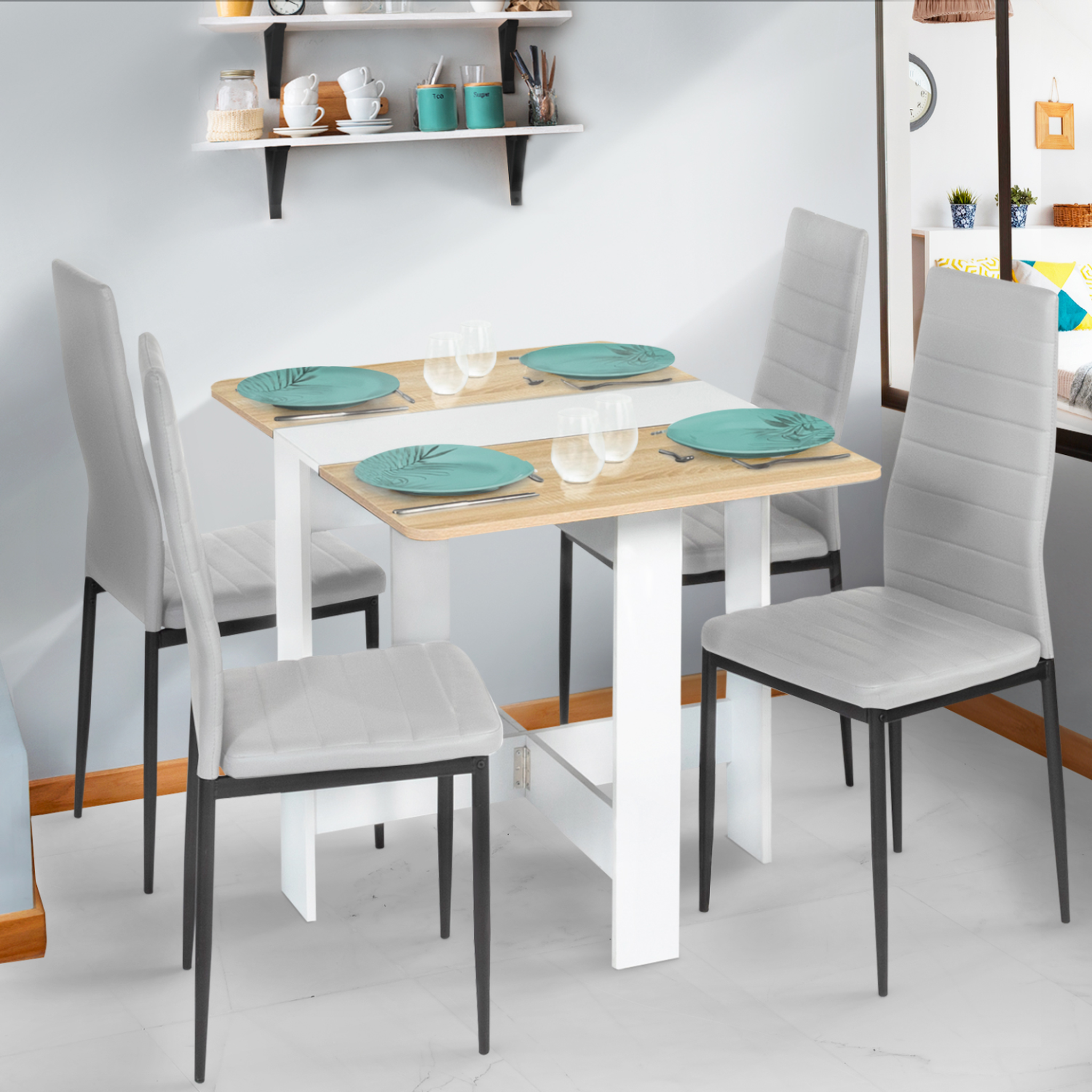 Voir la diapositive 5 : ID MARKET Table console pliable edi 2-4 personnes bois blanc plateau façon hêtre 103 x 76 cm