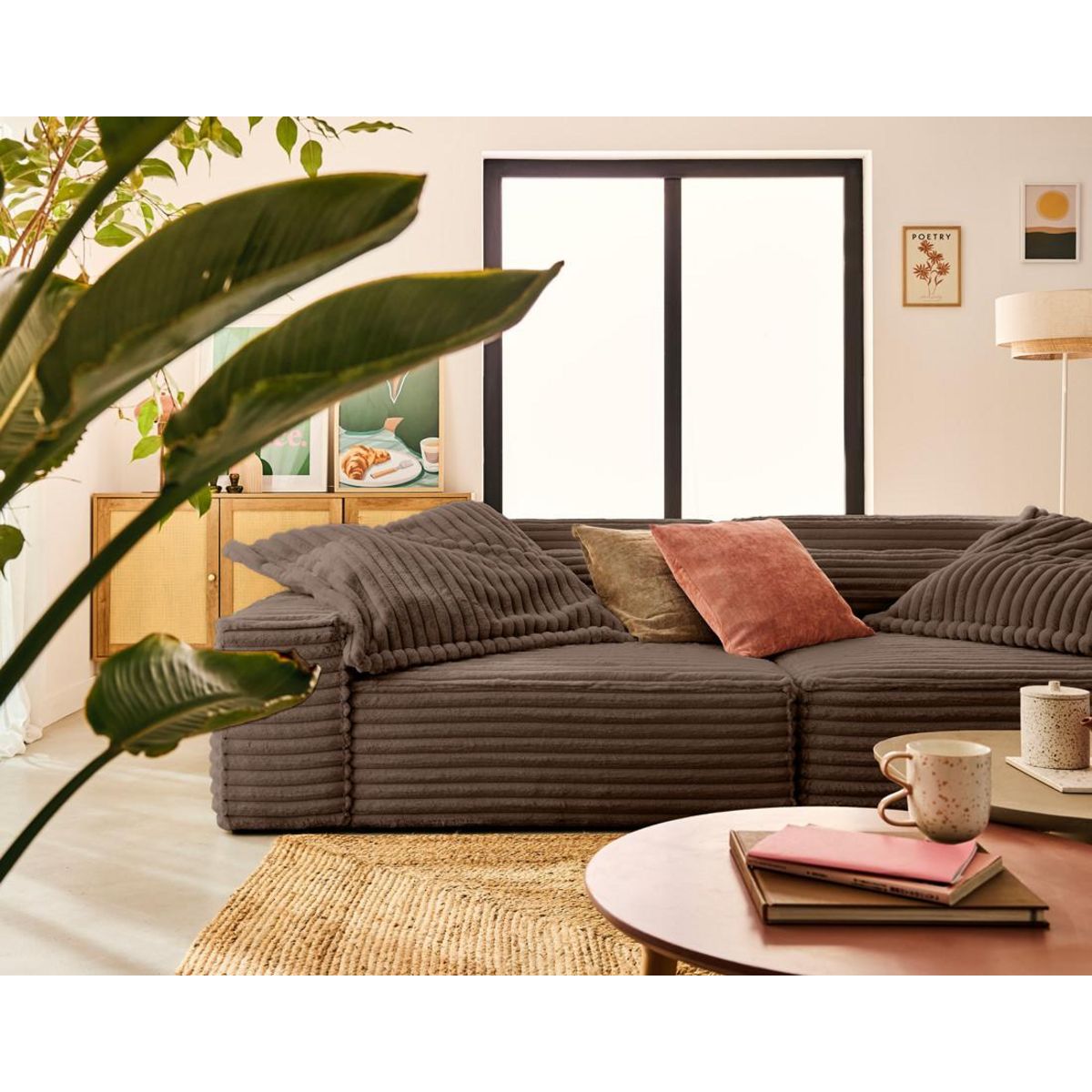 LISA DESIGN Richie - canapé droit 3 places avec double méridienne - assise profonde - en fausse fourrure côtelée