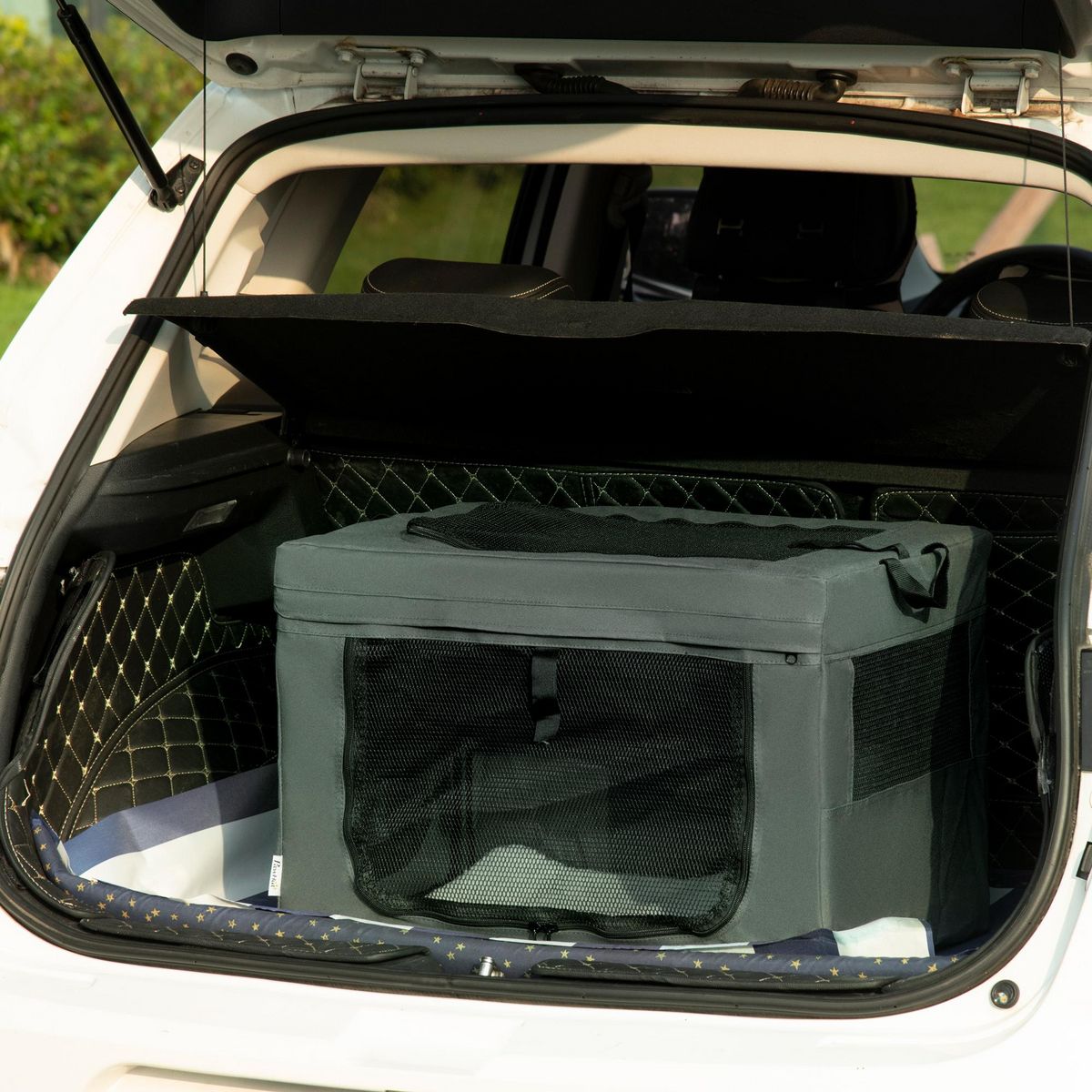 PAWHUT Sac de transport pliable pour chien chat - 2 poignées, 3 portes - dim. 60L x 42l x 42H cm - acier polyester gris