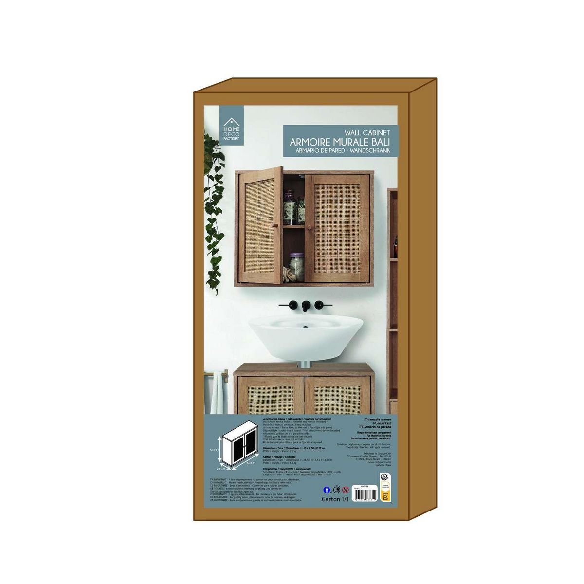 The Home Deco Factory Armoire murale 2 portes Bali en cannage - Marron