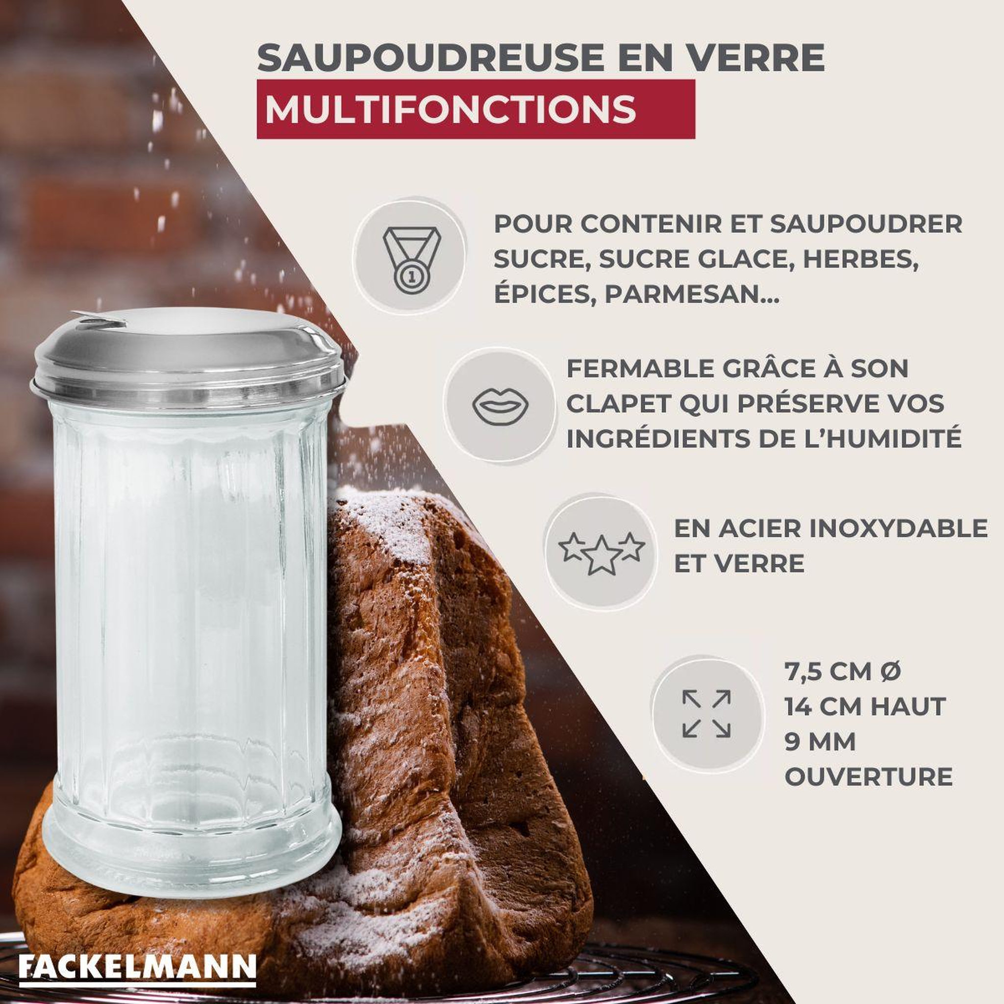 Voir la diapositive 3 : Fackelmann Saupoudreuse en verre pratique lot de 2, hauteur 14 cm ø 7,5 cm fackelmann basic