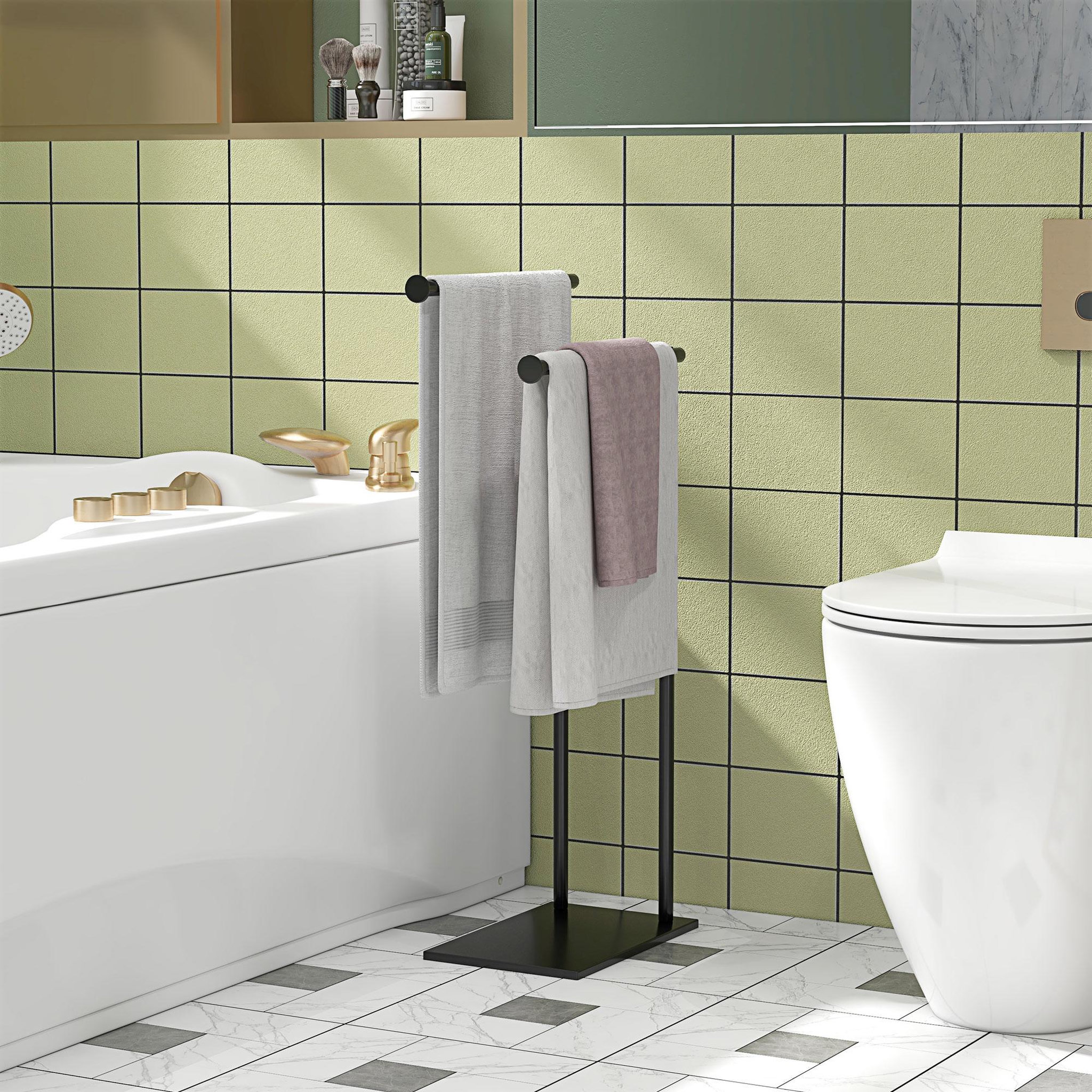 Voir la diapositive 2 : HOMCOM Porte-serviettes sur pied 2 niveaux dim. 35,5l x 20l x 78h cm métal noir