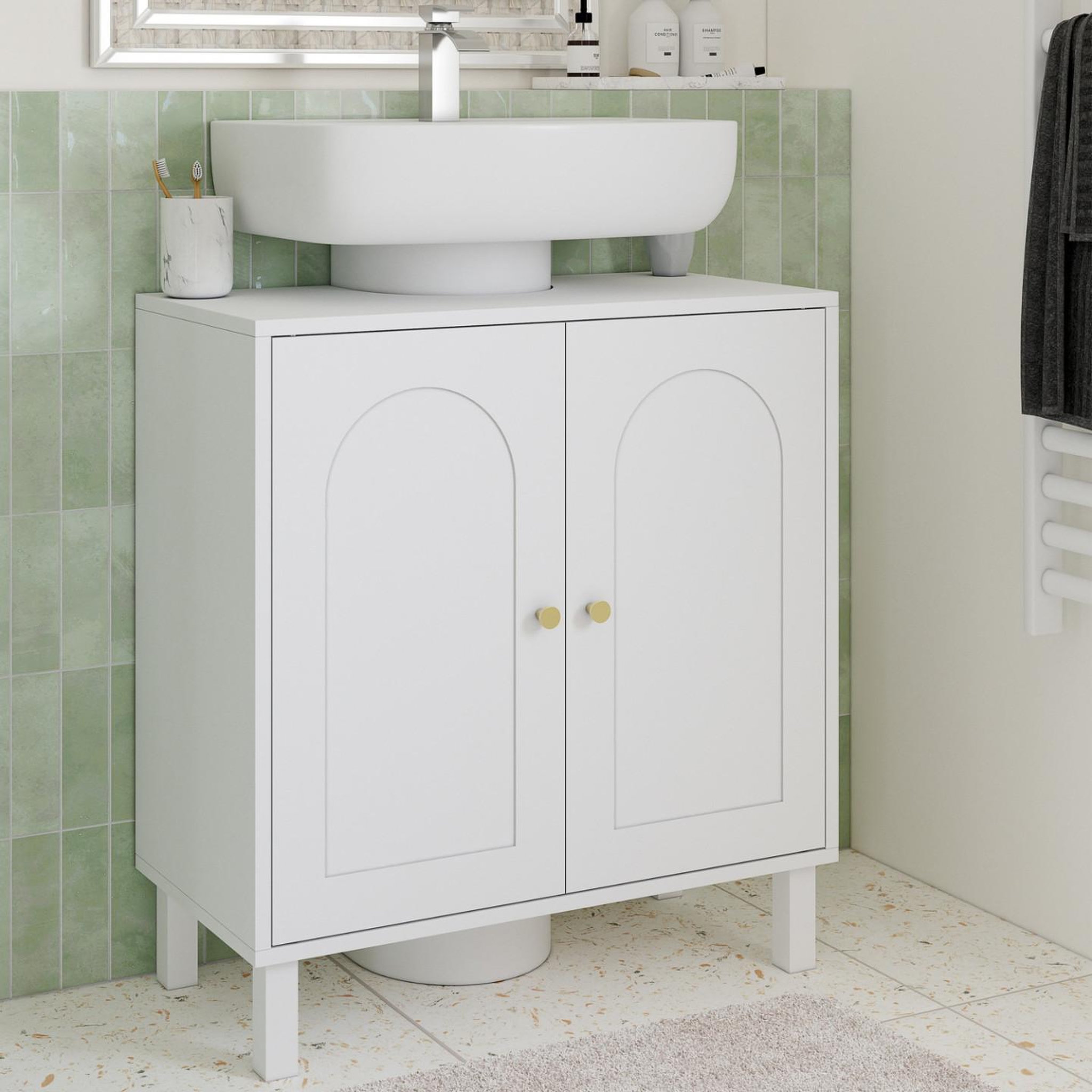 Voir la diapositive 2 : ID MARKET Meuble sous lavabo salle de bain arsene design arche bois blanc