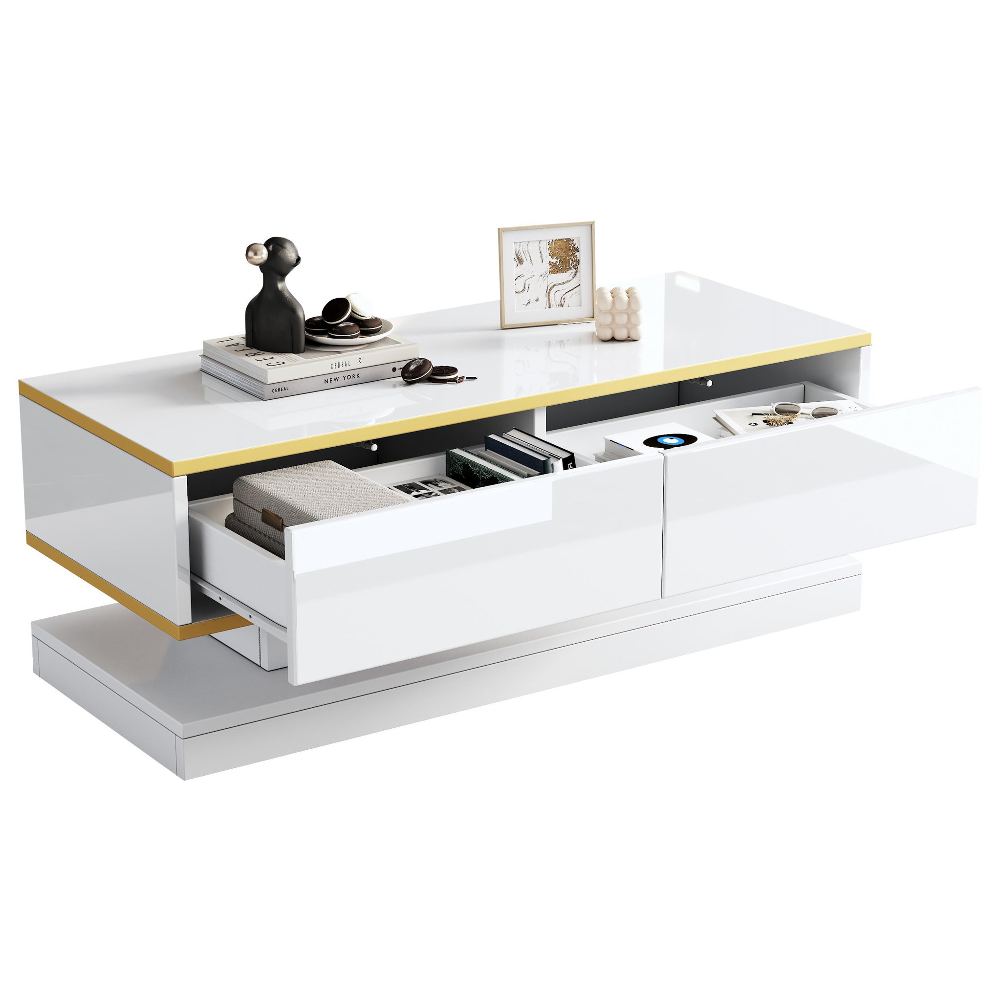 MERAX Table basse rectangulaire blanc avec 2 tiroirs - 50x100 cm panneau de particules