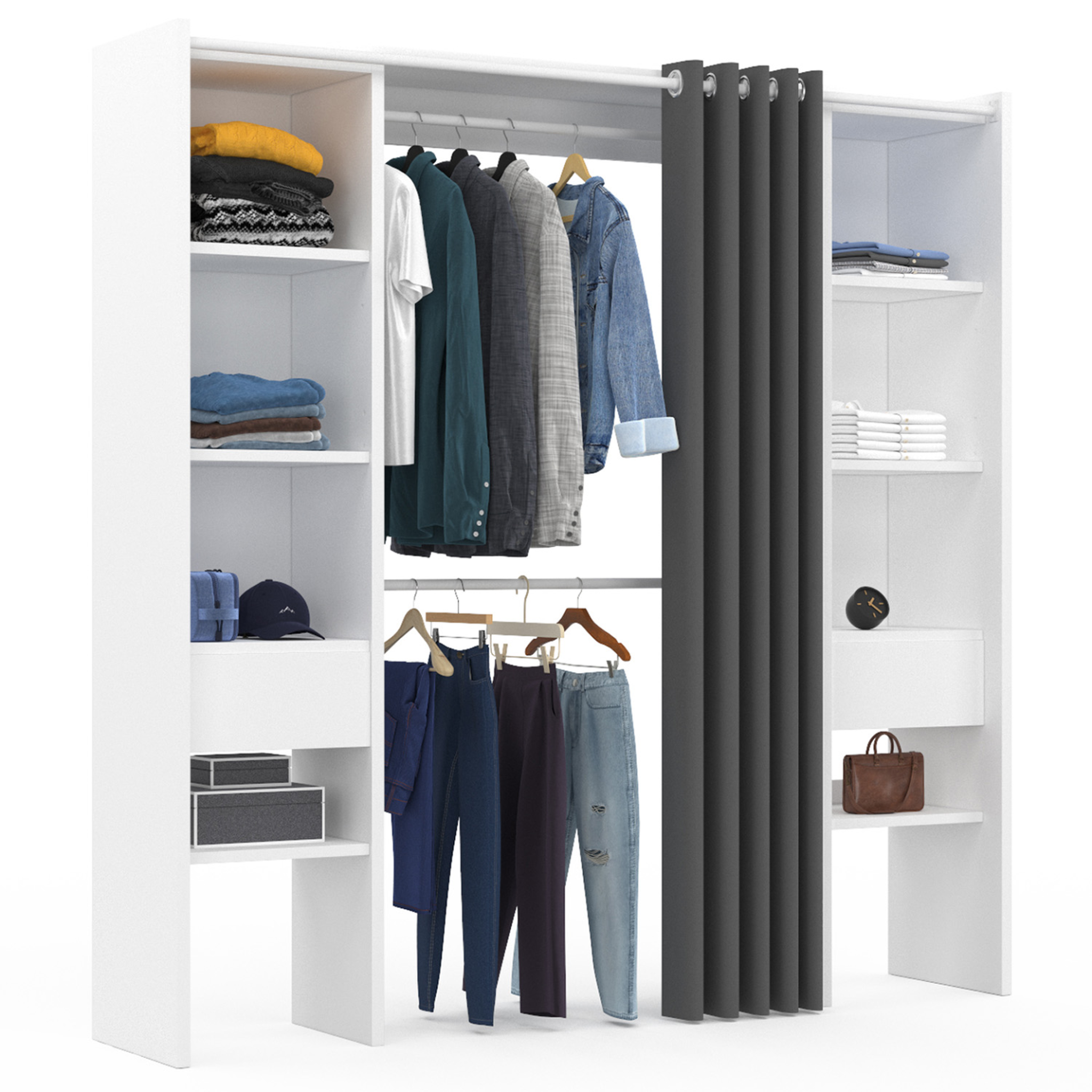 ID MARKET Dressing extensible double meryl 120/180 x 50 x 180 cm blanc avec étagères + double penderie + rideau gris
