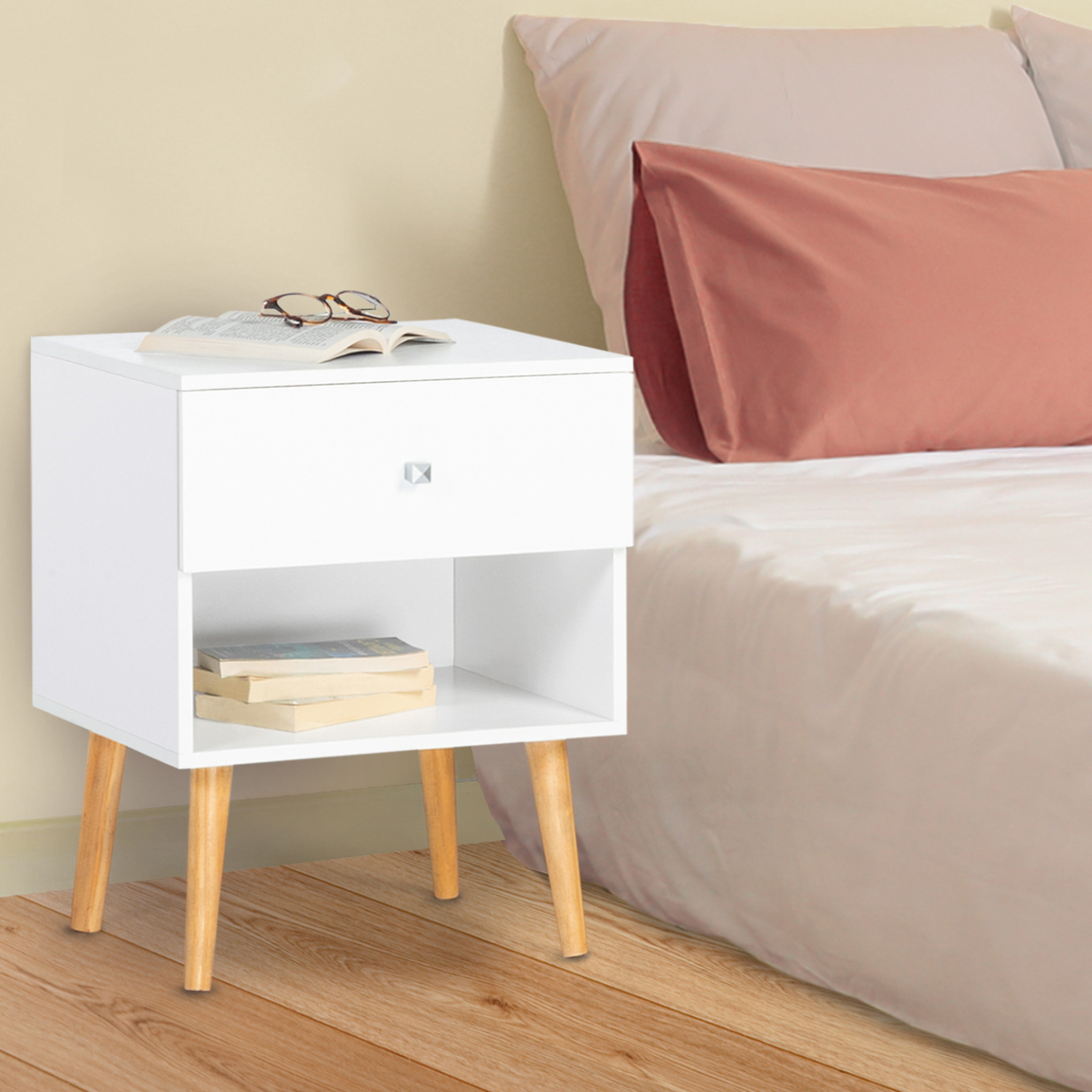 Voir la diapositive 2 : ID MARKET Lot de 2 tables de chevet emmie scandinaves 1 tiroir avec niche blanc