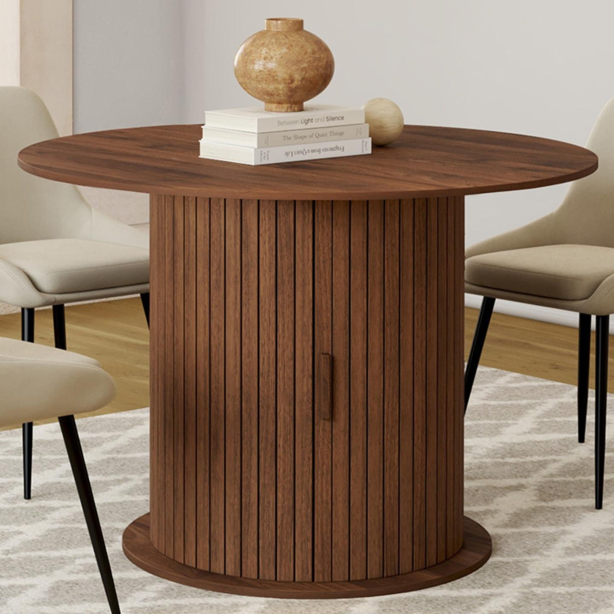 Voir la diapositive 4 : ID MARKET Table à manger extensible ronde juliette 4-8 personnes pied lattes avec rangement coloris noyer 110-150 cm
