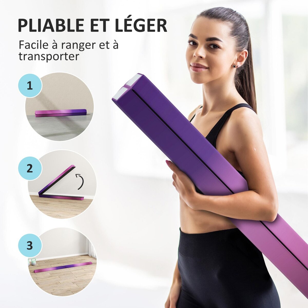 HOMCOM Poutre de gymnastique pliable 236cm fond antidérapant poignée transport violet rose