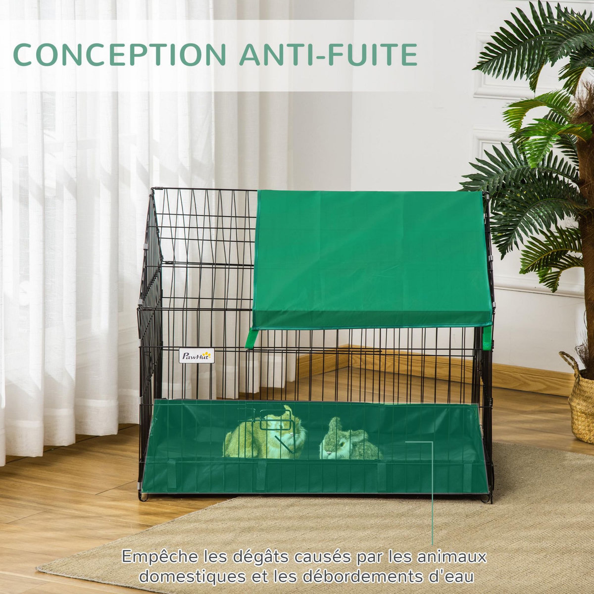 PAWHUT Cage parc enclos rongeurs dim. 90L x 75l x 75H cm - bâche de sol/toit imperméable, porte, trappe - acier oxford noir vert