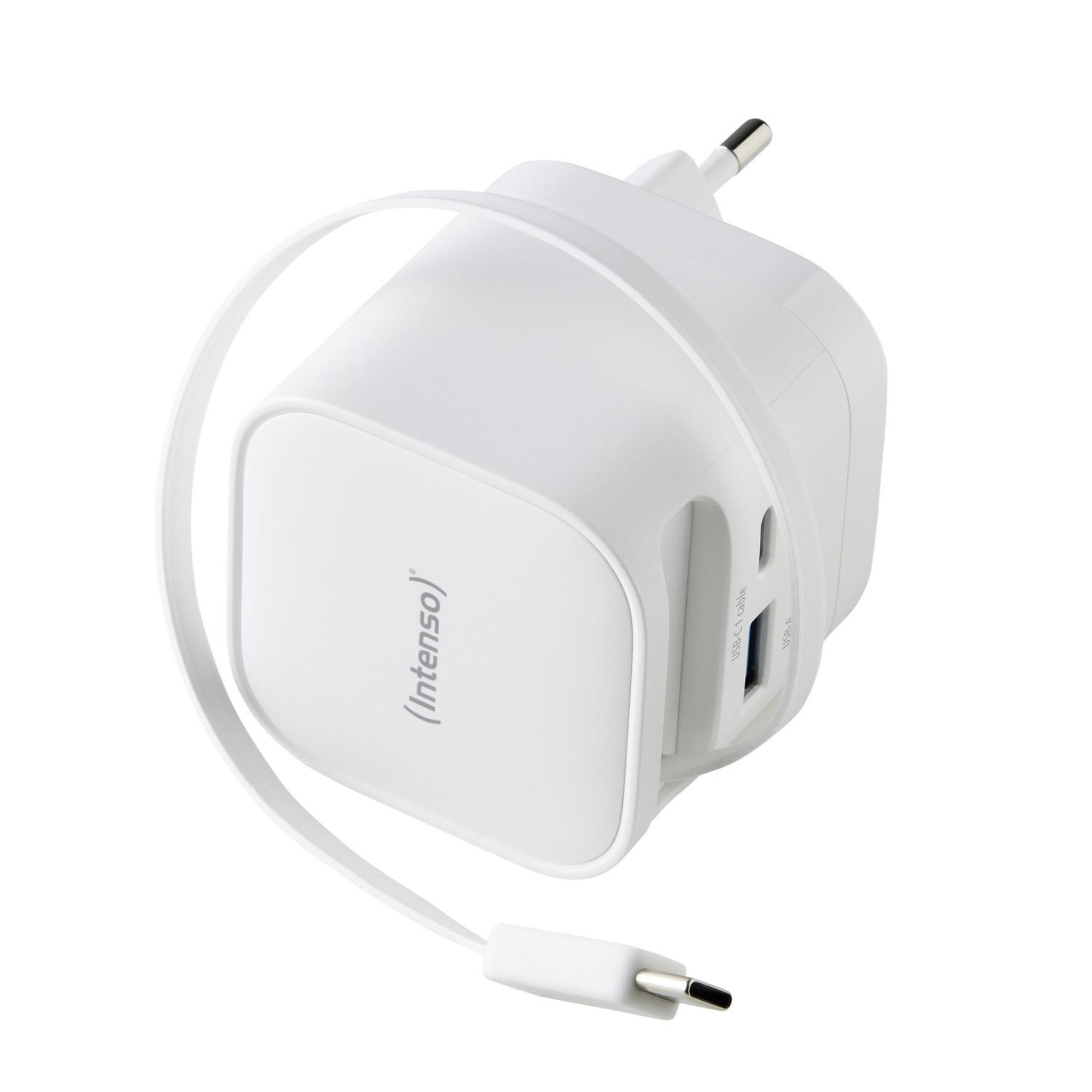 Voir la diapositive 2 : Intenso Chargeur secteur 65w cable usb-c + port usb-c/usb-a blanc