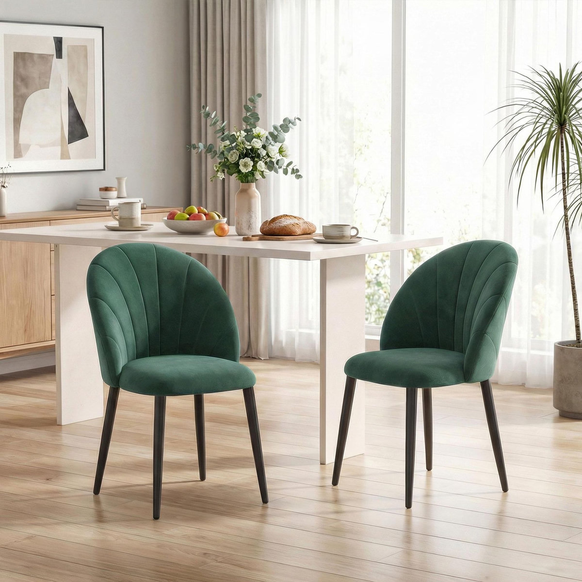 HOMCOM Lot de 2 chaises de salle à manger pieds en acier tissu velours vert