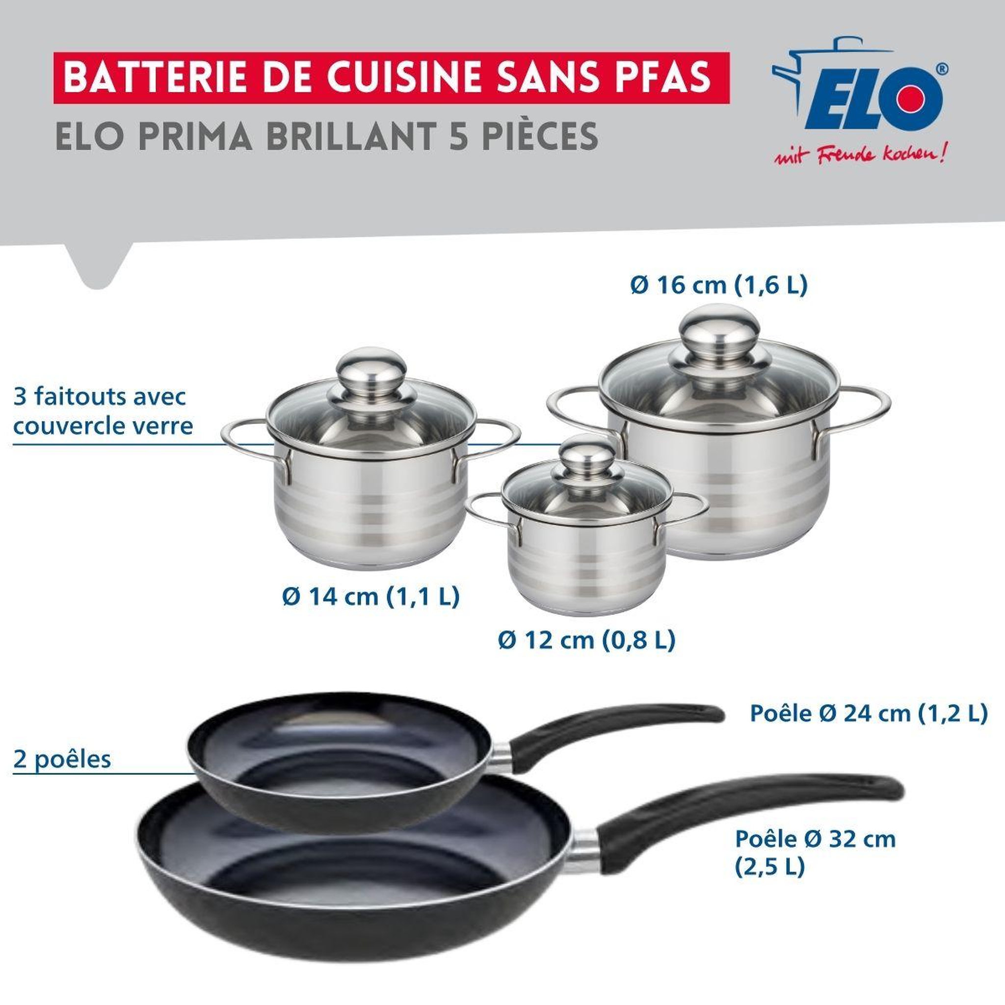 Voir la diapositive 2 : ELO Ensemble de 2 poêles de cuisson 24 et 32 cm et 3 faitouts 12, 14 et 16 cm elo prima brillant
