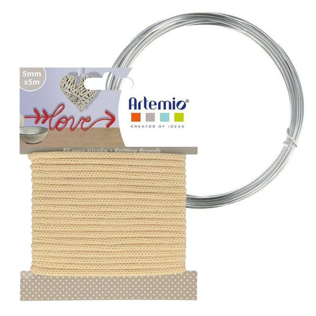 Artemio Fil à tricotin vanille 5 mm x 5 m + fil d'aluminium
