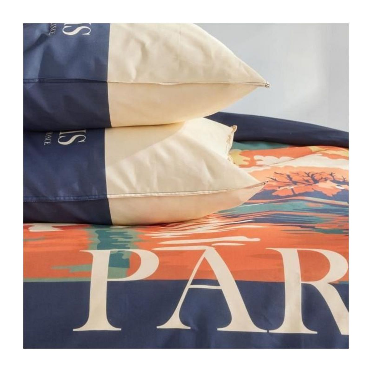 Today Parure de lit - TODAY - JAVA - 2 personnes - 240x220 cm - Coton - Imprimé Paris - Bleu