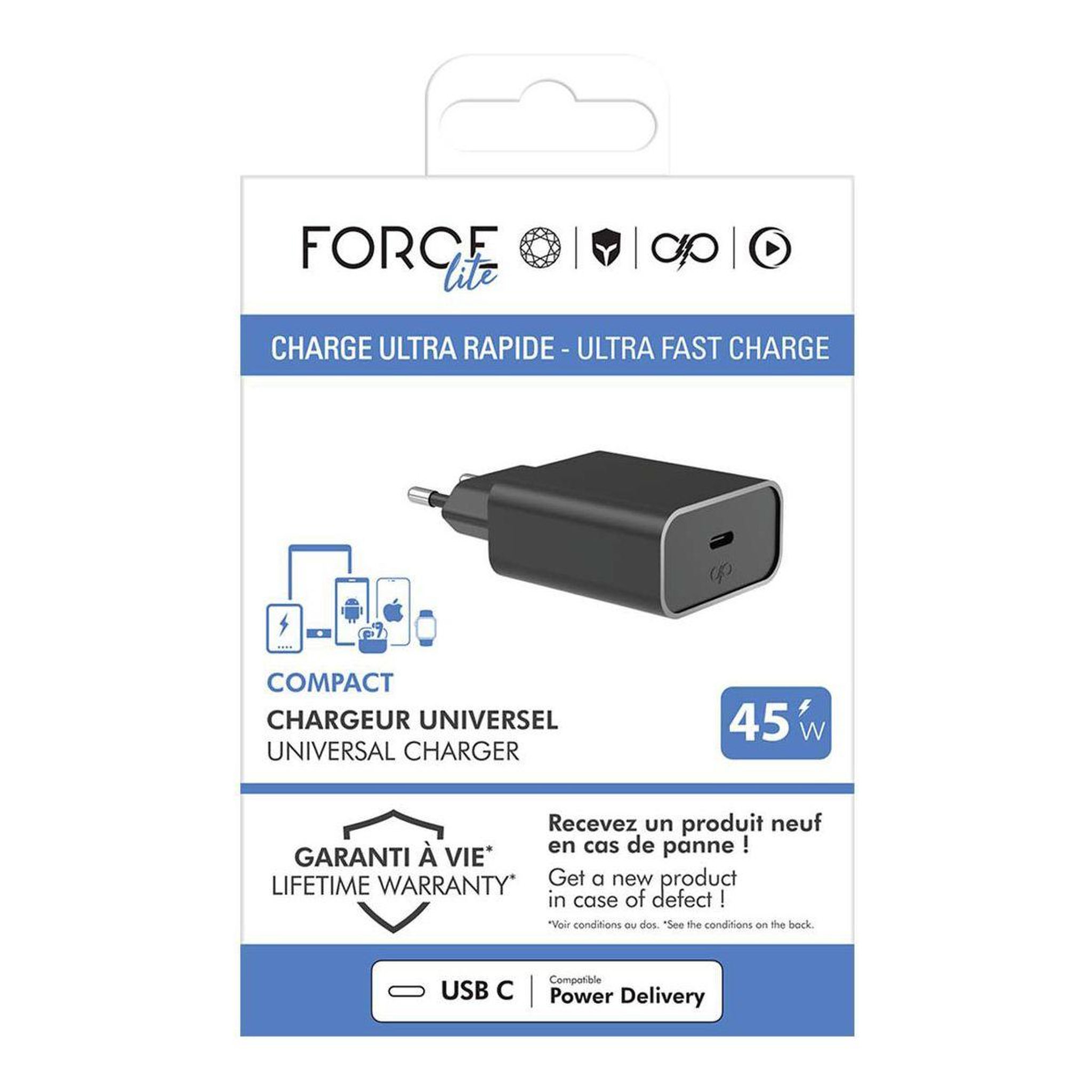 Voir la diapositive 3 : FORCE POWER Chargeur 45w usb c noir recyclé