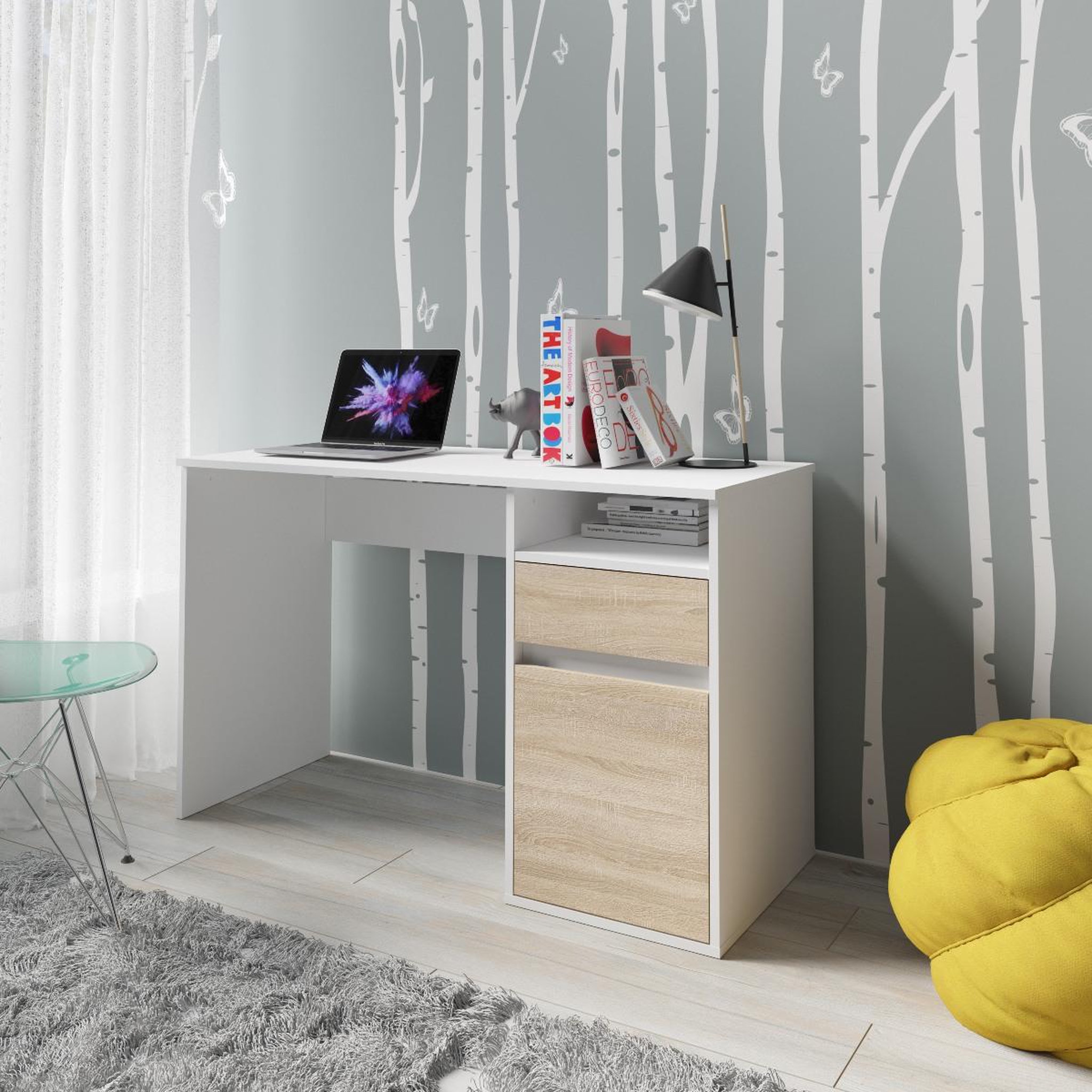 Voir la diapositive 2 : JLC KREATION Bureau moderne blanc et bois 120cm avec rangement albi