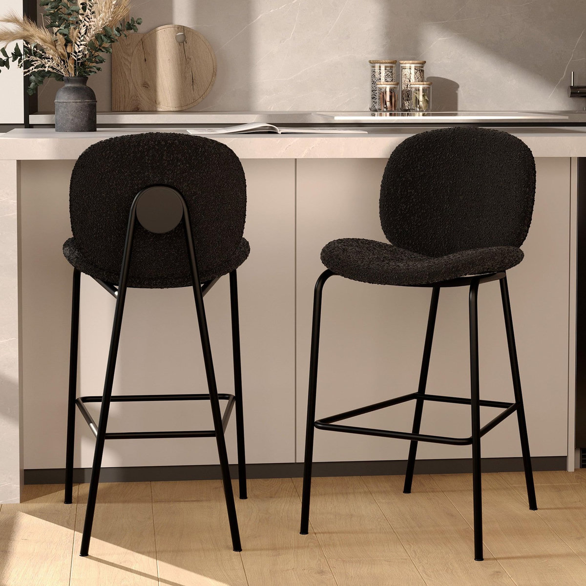 Rendez vous déco Lot de 2 chaises pour îlot central en tissu bouclé noir 63,5 cm-Iris