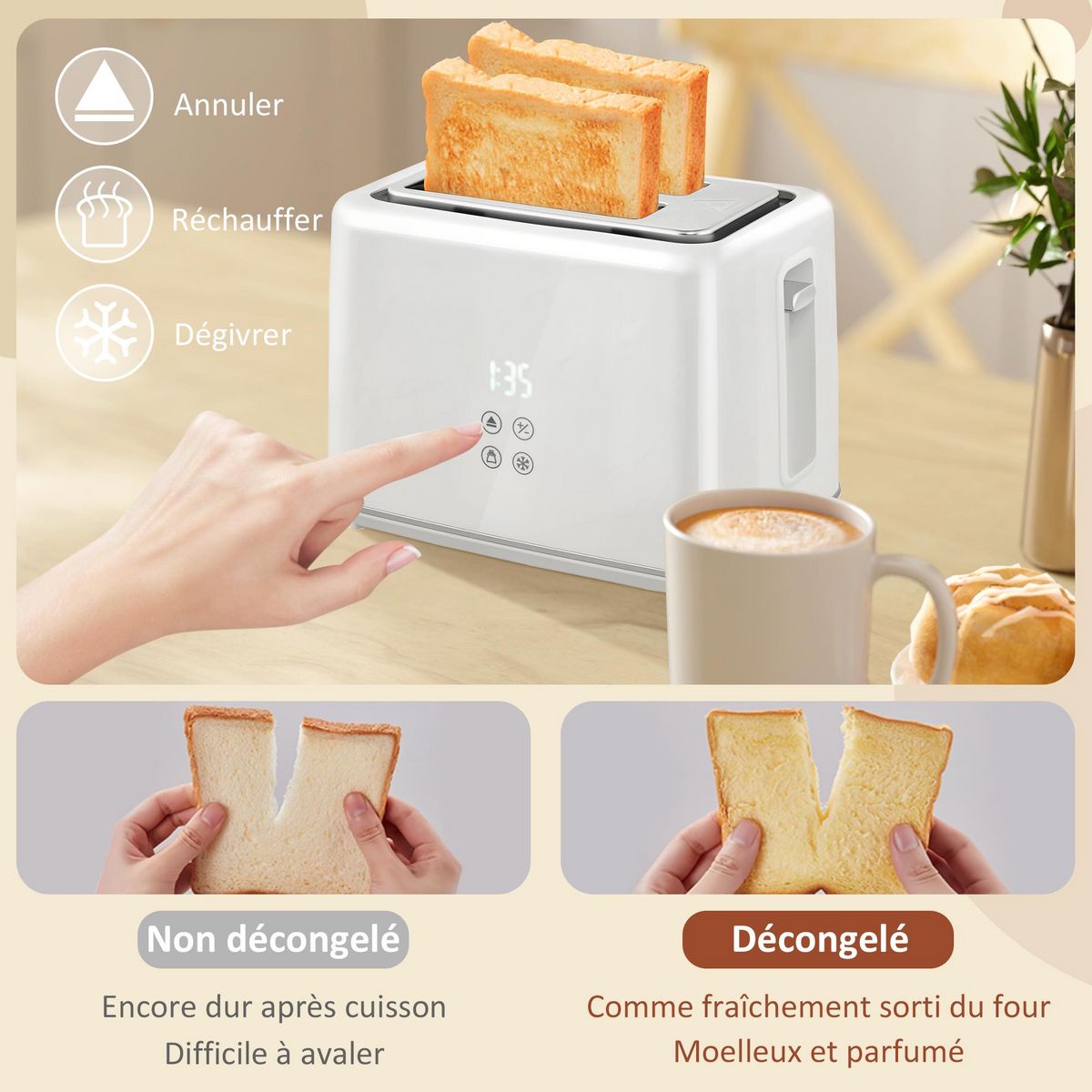 HOMCOM Ensemble bouilloire 1,5L et grille-pain 2200W 2 tranches 7 niveaux de brunissage plateau à miettes blanc gris