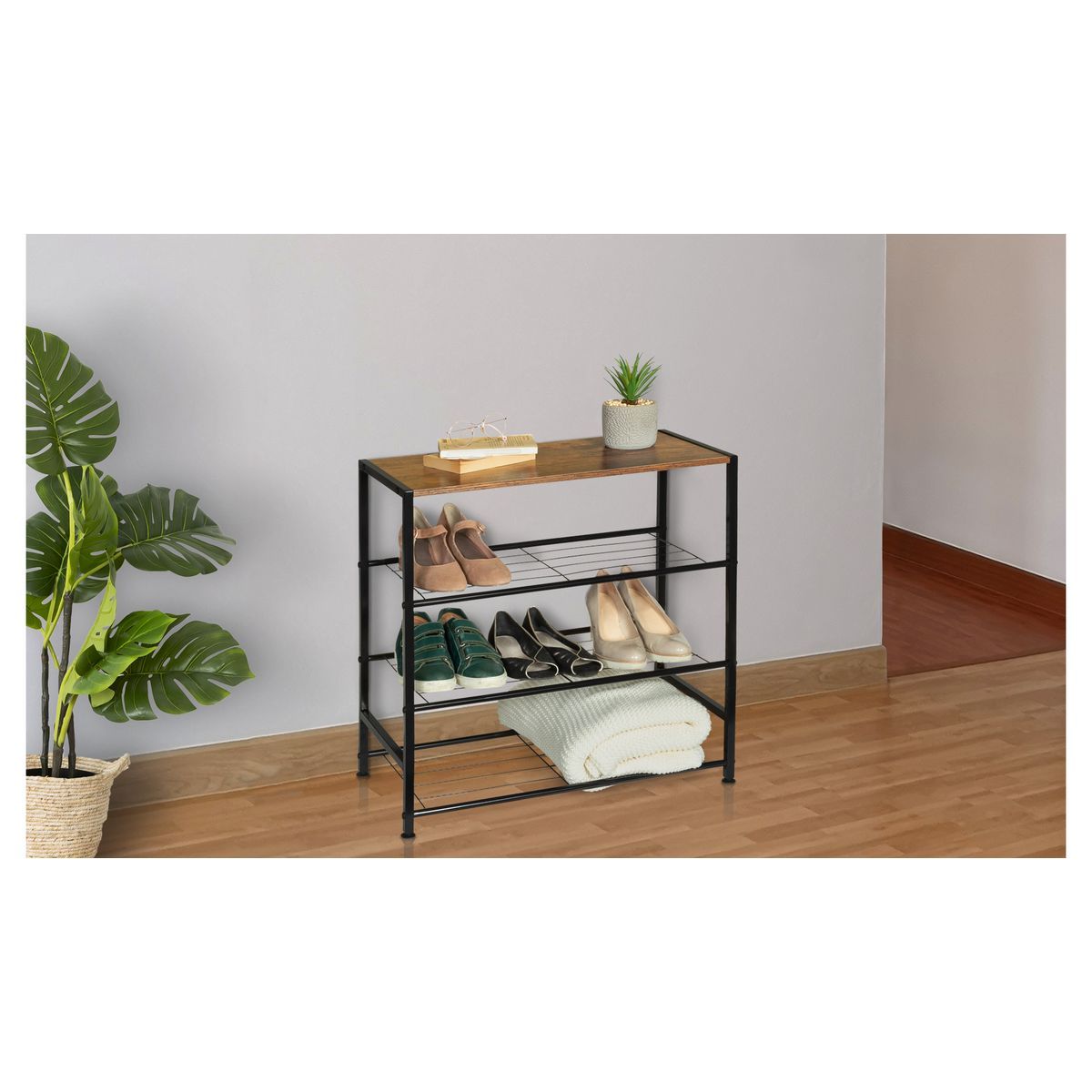 Range chaussures 3 étagères métal + 1 ètagère bois CHARLIZE