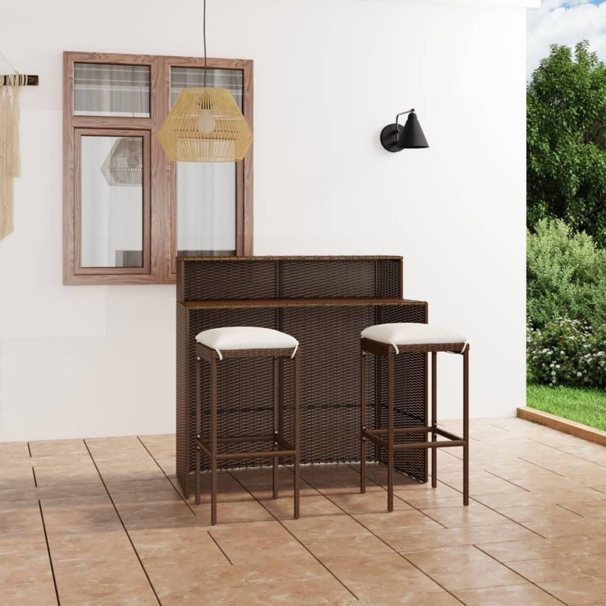 VIDAXL Ensemble de bar de jardin avec coussins 3 pcs Marron
