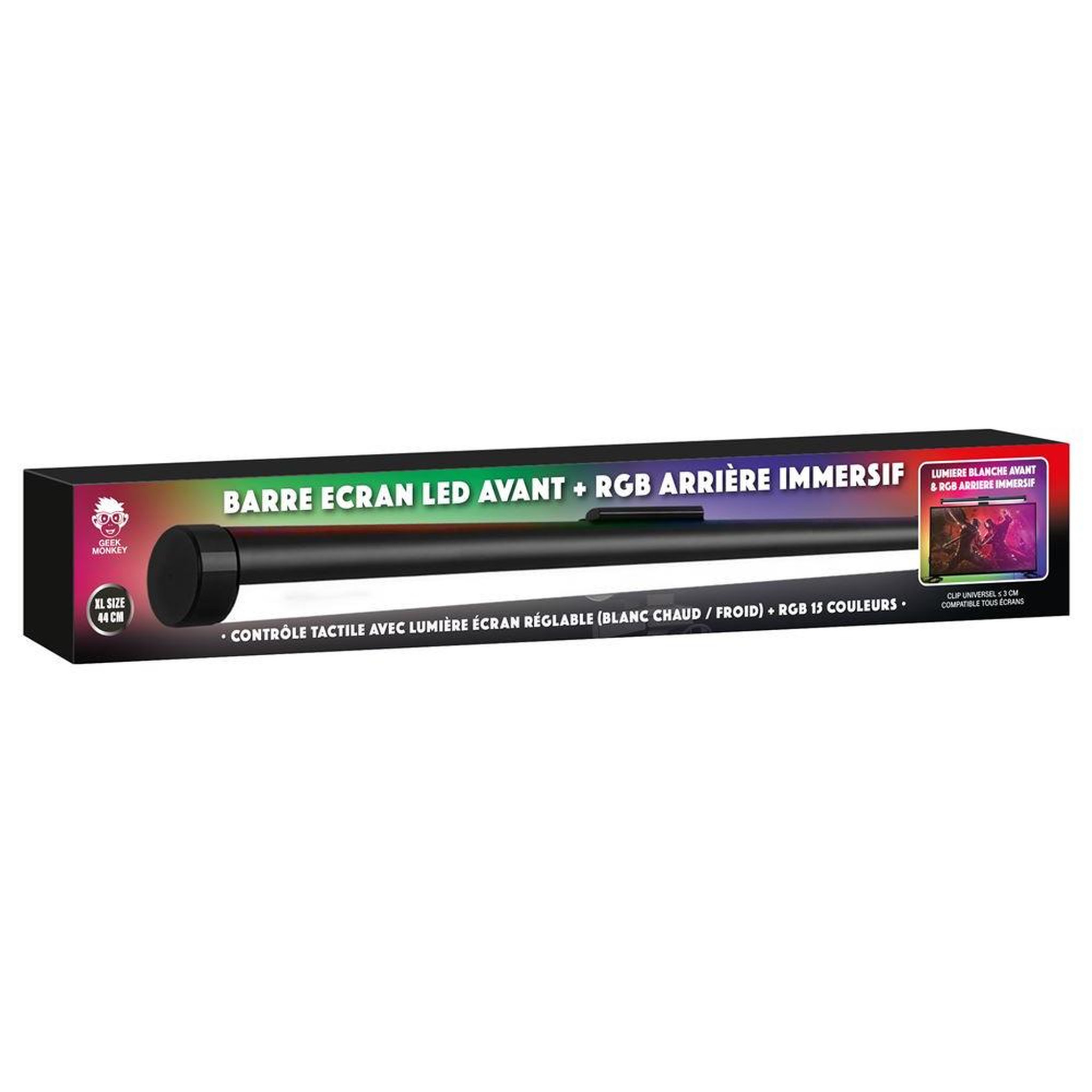 Barre lumineuse écran XXL 44 cm RGB et LED avant, contrôle tactile, 3 modes blanc et 16 couleurs multicolores
