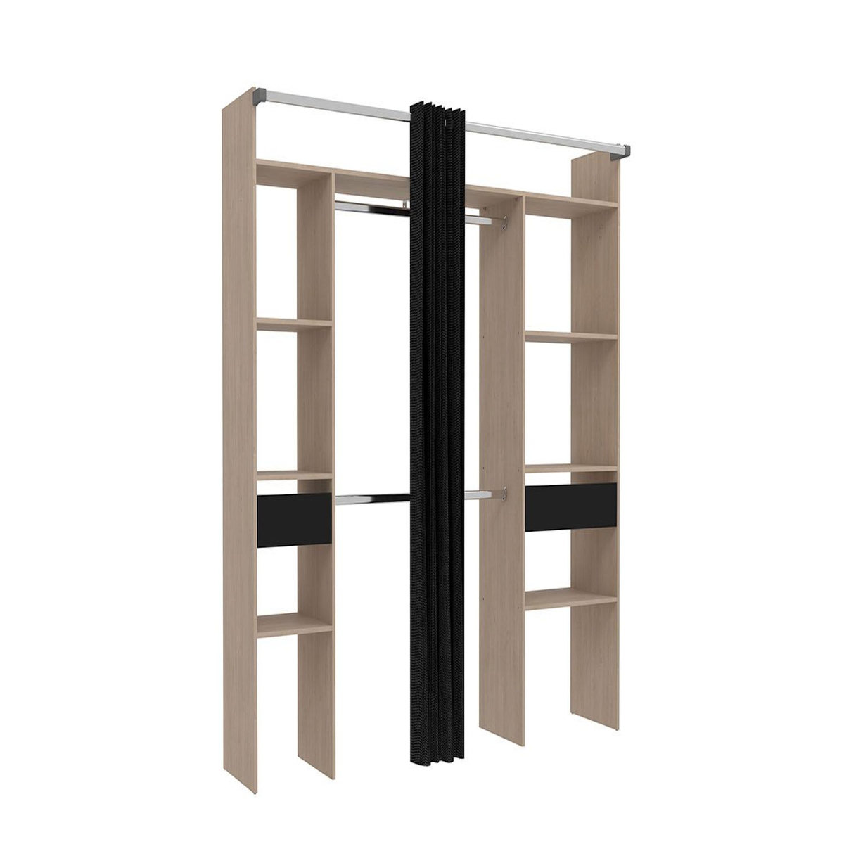 CONCEPT USINE Dressing bois avec rideau noir et 2 penderies, 6 étagères et 2 tiroirs ELYSEE