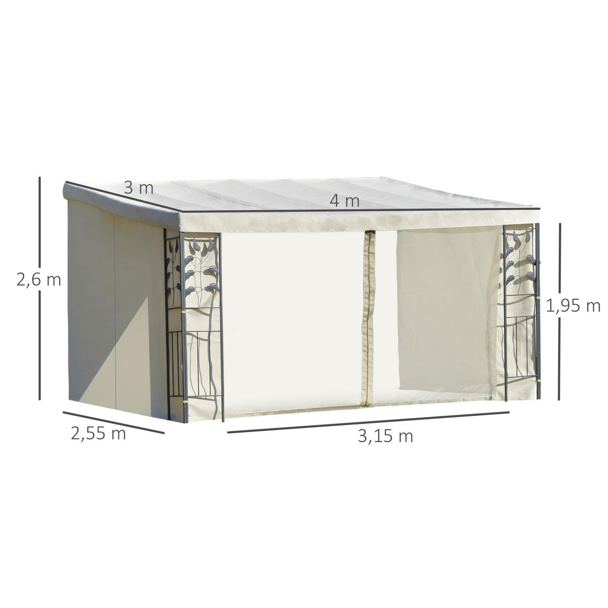 OUTSUNNY Pergola adossable dim. 4L x 3l x 2,7H m pavillon de jardin toile polyester haute densité moustiquaires crème structure métal époxy gris