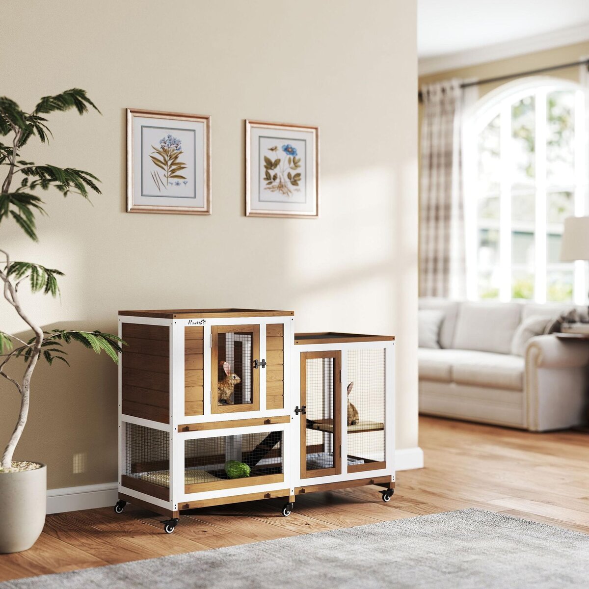 PAWHUT Clapier à lapin sur roulettes cage à lapin 3 niveaux 2 portes verrouillables 3 plateaux coulissants rampes bois sapin acier marron blanc