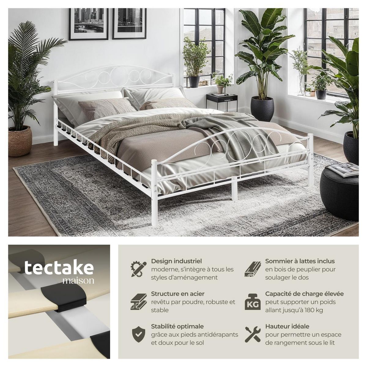 tectake Lit design moderne avec sommier avec Cadre en Acier solide blanc/blanc