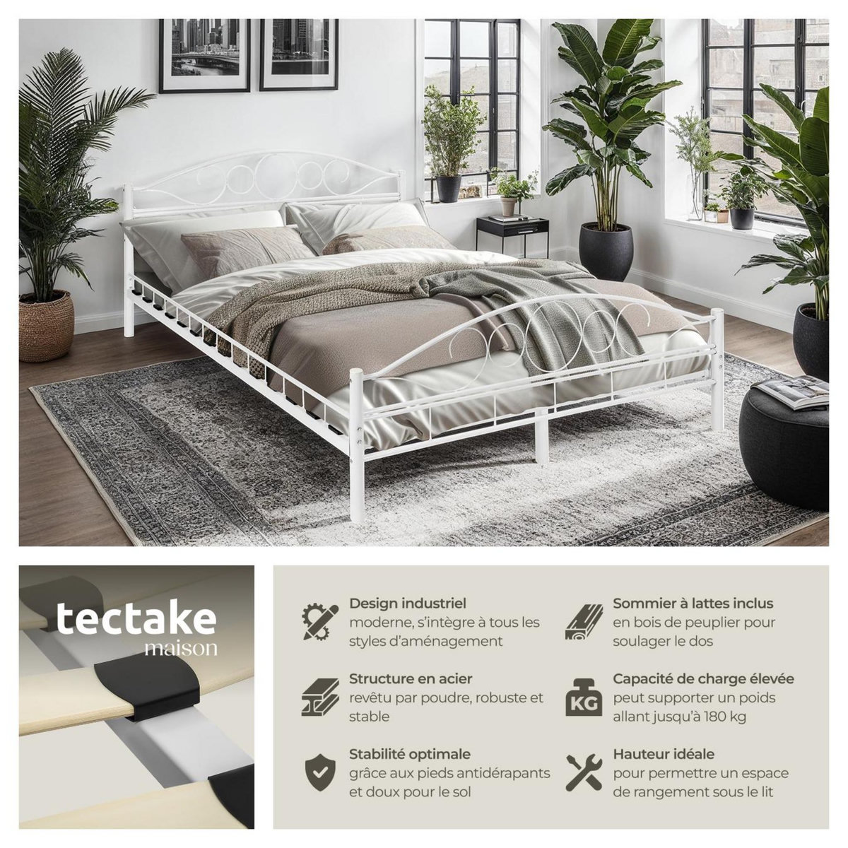 tectake Lit design moderne avec sommier avec Cadre en Acier solide blanc/blanc