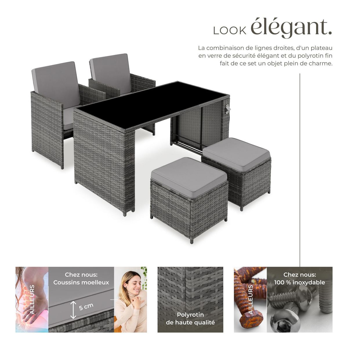 tectake Salon de jardin en résine tressée pour 2 à 4 personnes gris