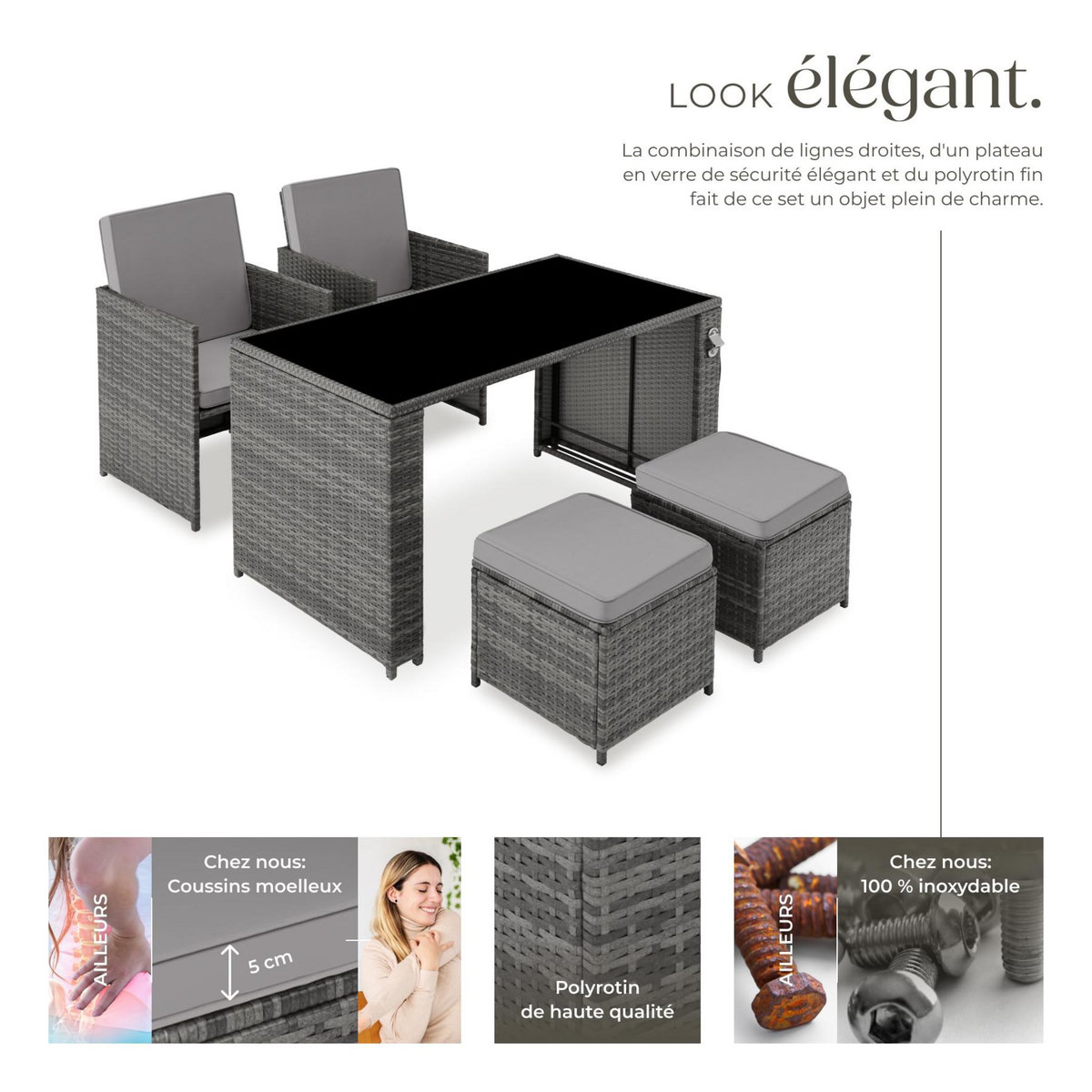 tectake Salon de jardin en résine tressée pour 2 à 4 personnes gris