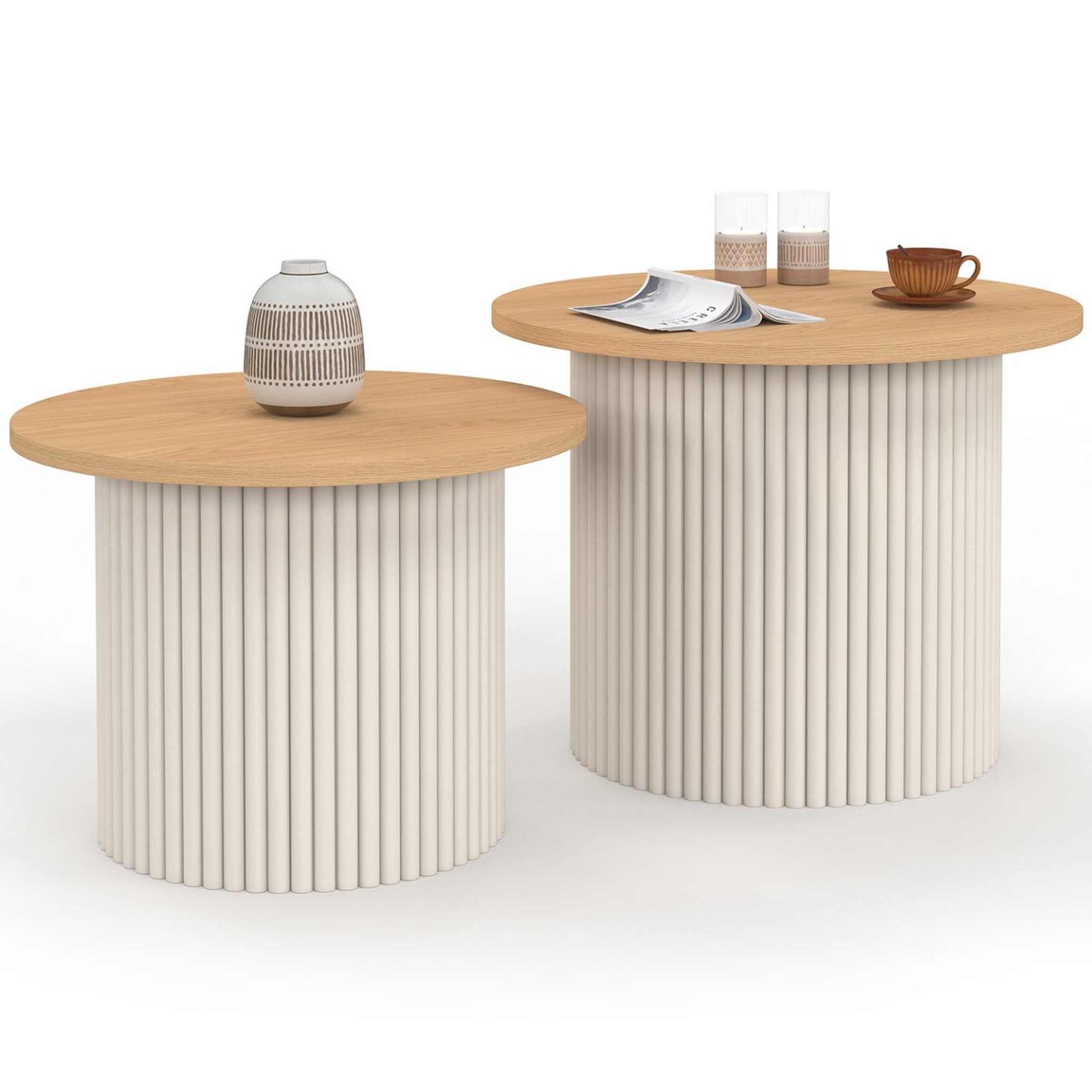 ID MARKET Lot de 2 tables basses gigognes kanel rondes 40/45 effet cannelé beige et plateau bois