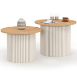 ID MARKET Lot de 2 tables basses gigognes KANEL rondes 40/45 effet cannelé beige et plateau bois