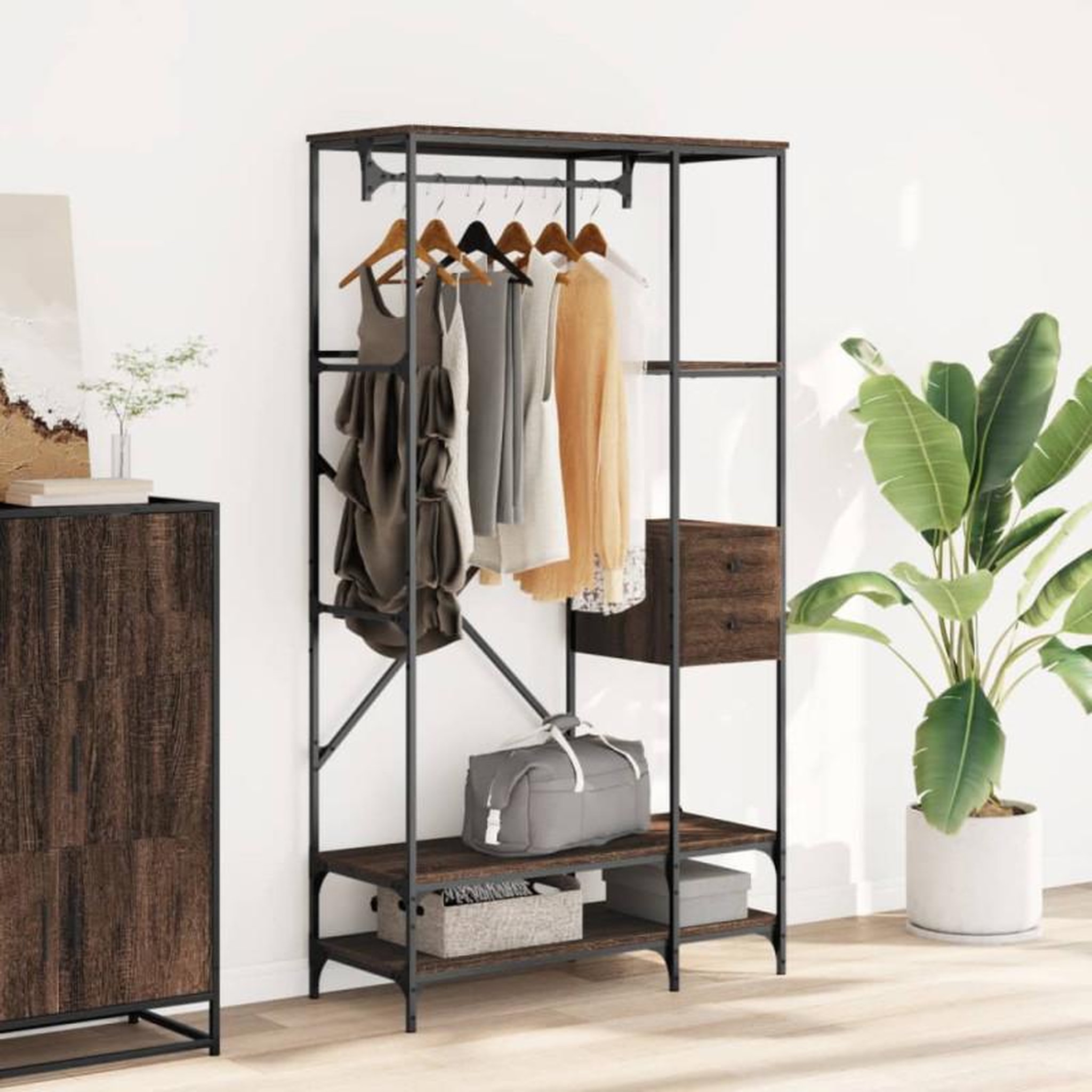Voir la diapositive 3 : VIDAXL Porte vêtements avec étagères chêne marron bois d ingénierie