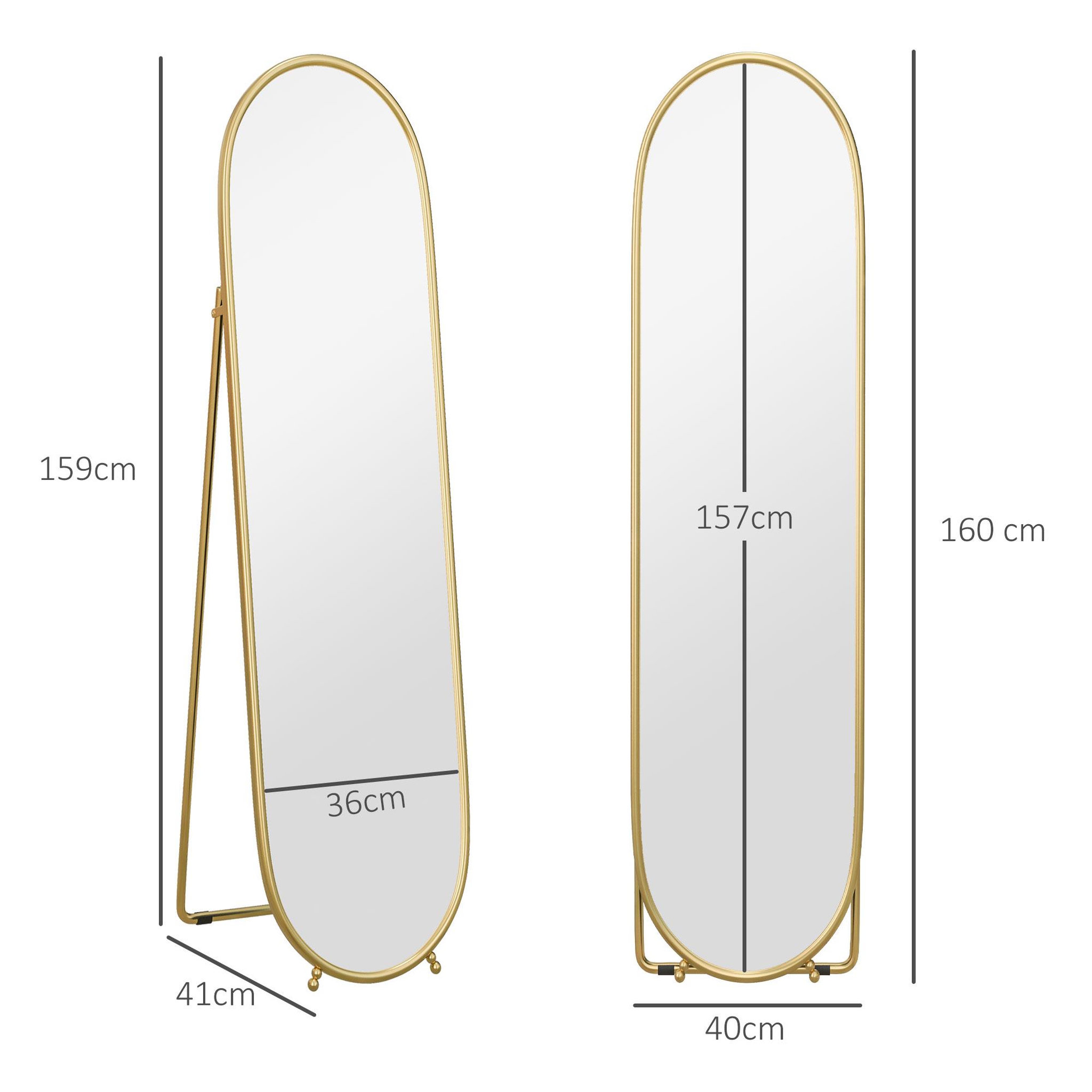 Voir la diapositive 3 : HOMCOM Grand miroir sur pied - miroir mural ovale avec support - dim. 40L x 160H cm - métal doré